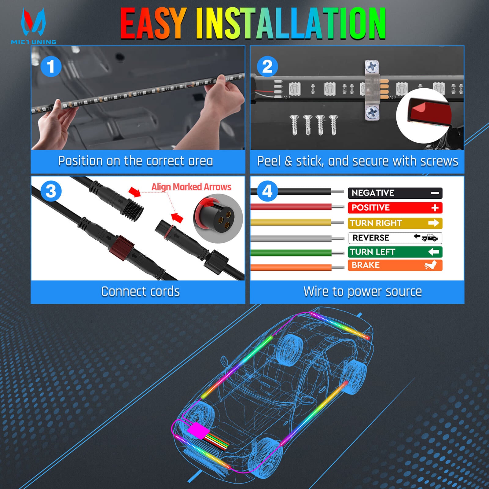 RGB+IC Car Underglow Neon Accent Strip Lights, APP & Remote Control, Sound Active Function, Music Mode(2x35″+2x47″/4x35″+2x47″ )