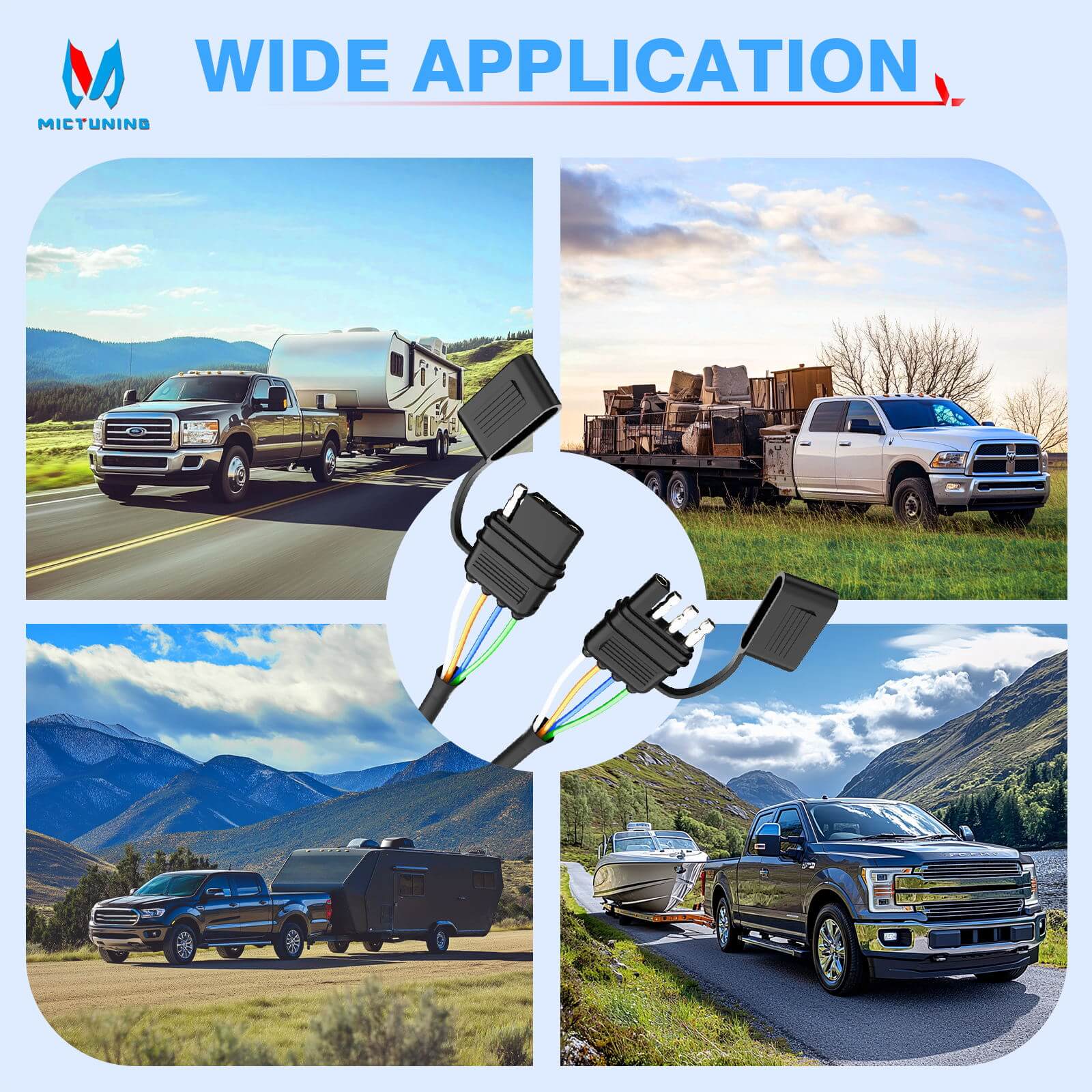 4 Pin Flat Trailer Extension Cable 12 inch, 16 AWG Pure Copper Wire Vehicle-Side and Trailer-Side 4 Way Connector