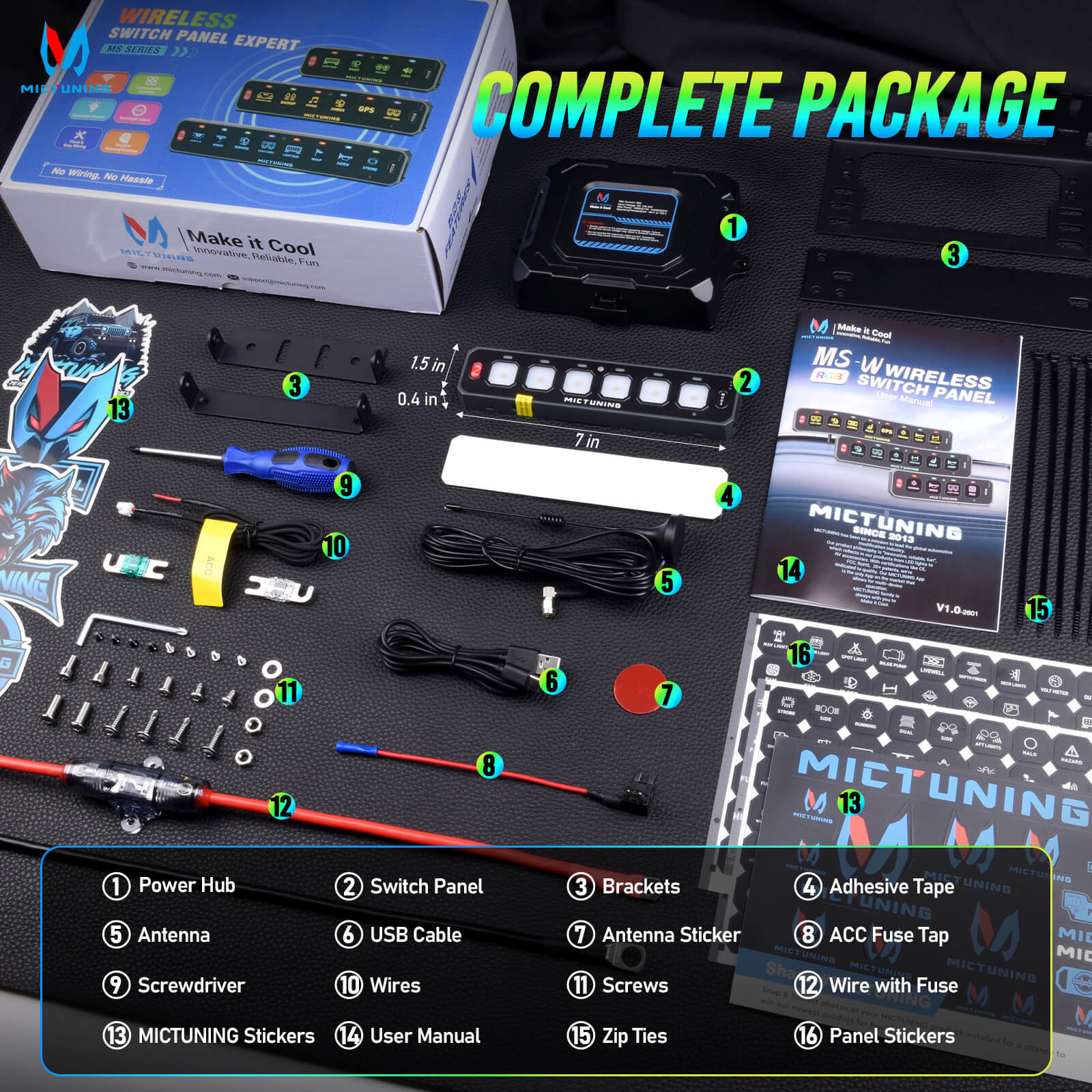 MS-W Slim Wireless Switch Panel, Up to 208FT Range, 6 Gang/8 Gang Toggle Momentary Strobe Pulsed Flash, RGB Dimmable Backlit