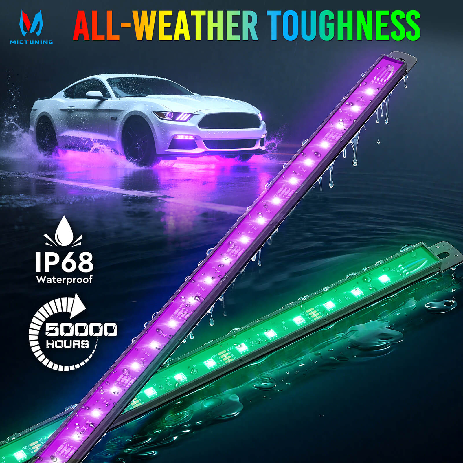 U8 RGB+IC/RGBW/RGB Underglow LED Light Bar, Dual Remote Control, Chasing Color Underbody Light Strip with Aluminum Housing, IP68 Waterproof, 8pcs