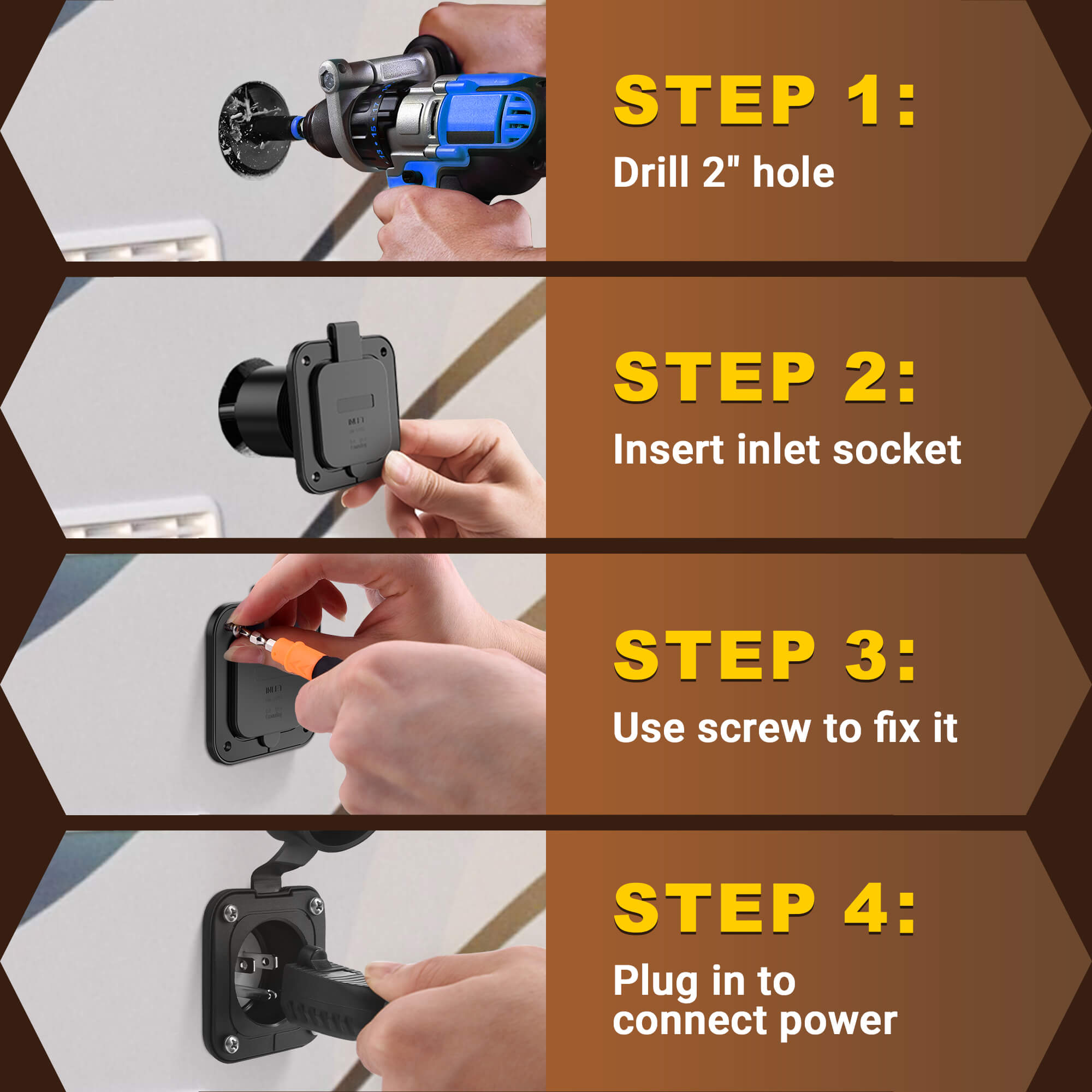 15A NEMA 5-15P Shore Power Inlet with Dual 18" Extension Cords Y Splitter Cable, ETL Listed, Waterproof Cover AC Electrical Port Plug for RV Boat