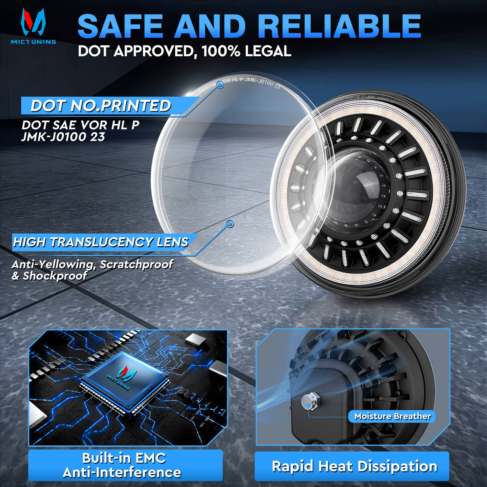 J1 7-inch LED Headlights with Blue Welcome Halo, DOT Approved Anti-Glare, Round H6024 Assembly