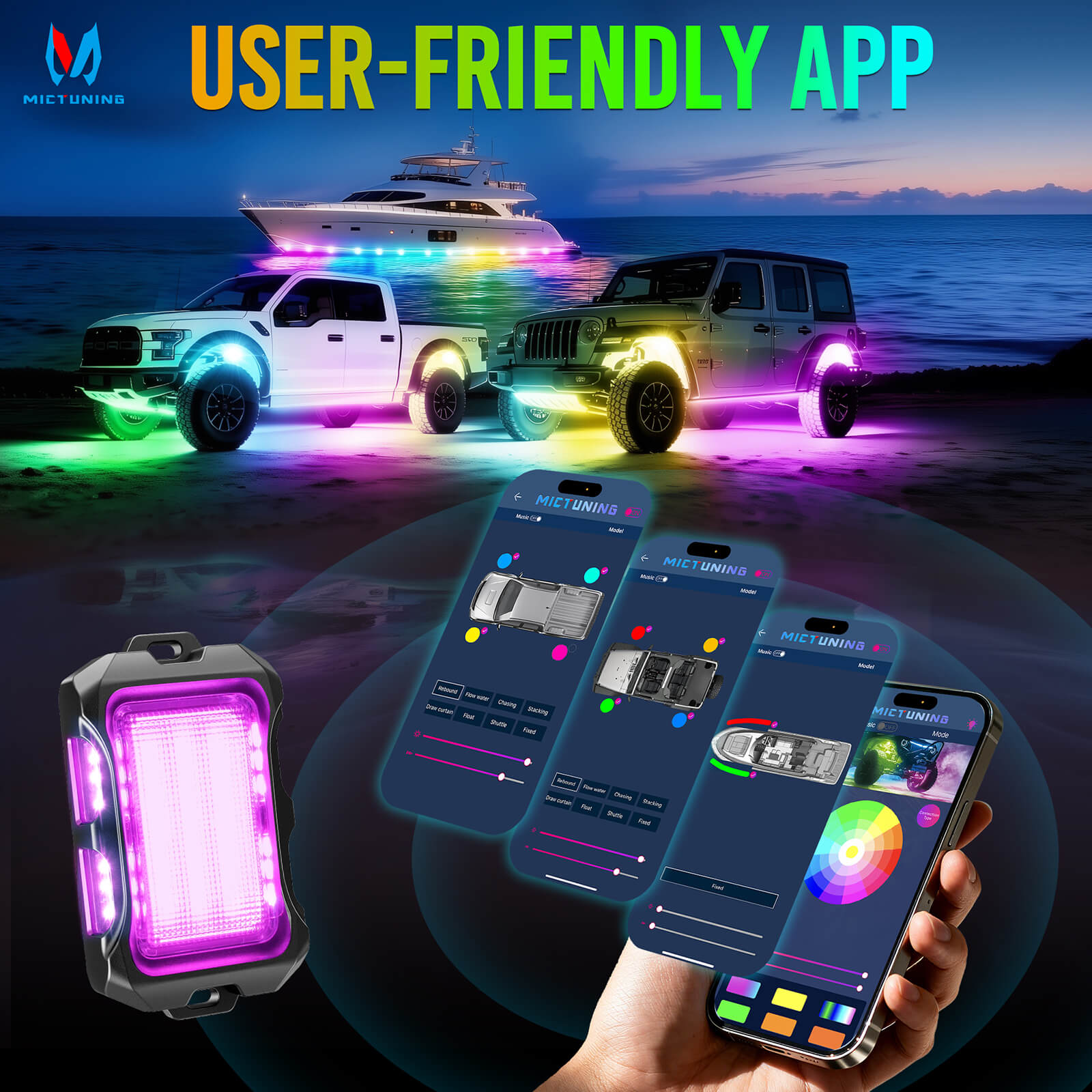 Newest Q2 MAX RGB+IC Rock Lights, 8-16 Pods Multi-Color DIY Effect Underglow Neon Kit, Individual Group Control, APP Control