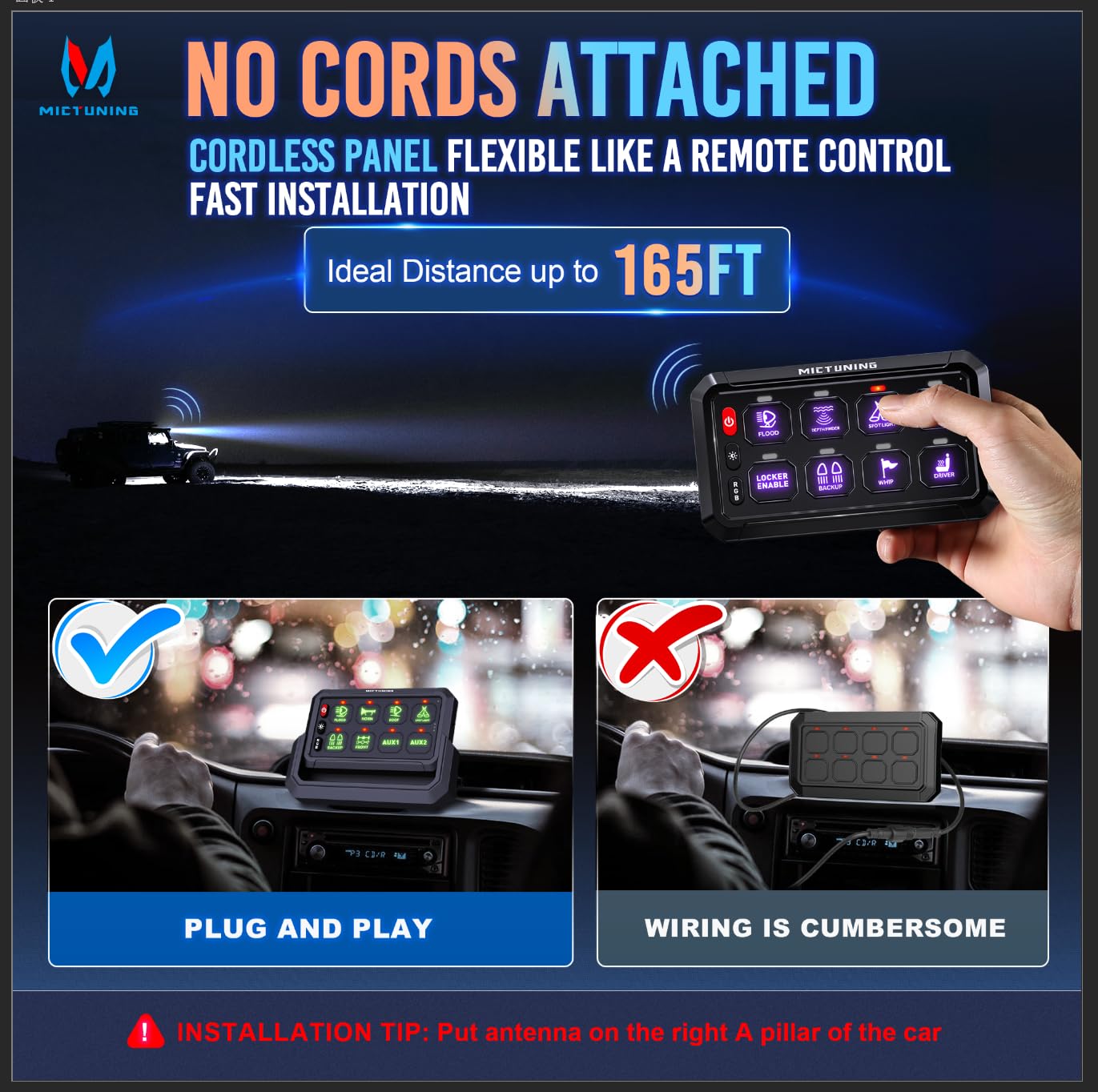 MICTUNING P1s-AC Wireless Cordless RGB Switch Panel 8/12 Gang, Up to 165FT/265FT Range, Aluminum Multifunction Removable Panel