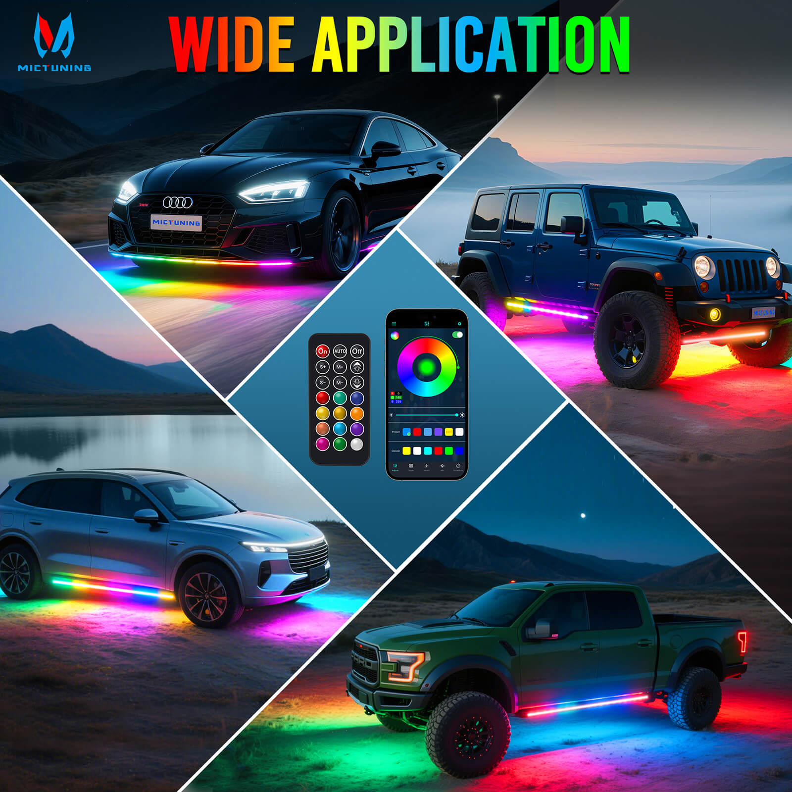 RGB+IC Car Underglow Neon Accent Strip Lights, APP & Remote Control, Sound Active Function, Music Mode(2x35″+2x47″/4x35″+2x47″ )