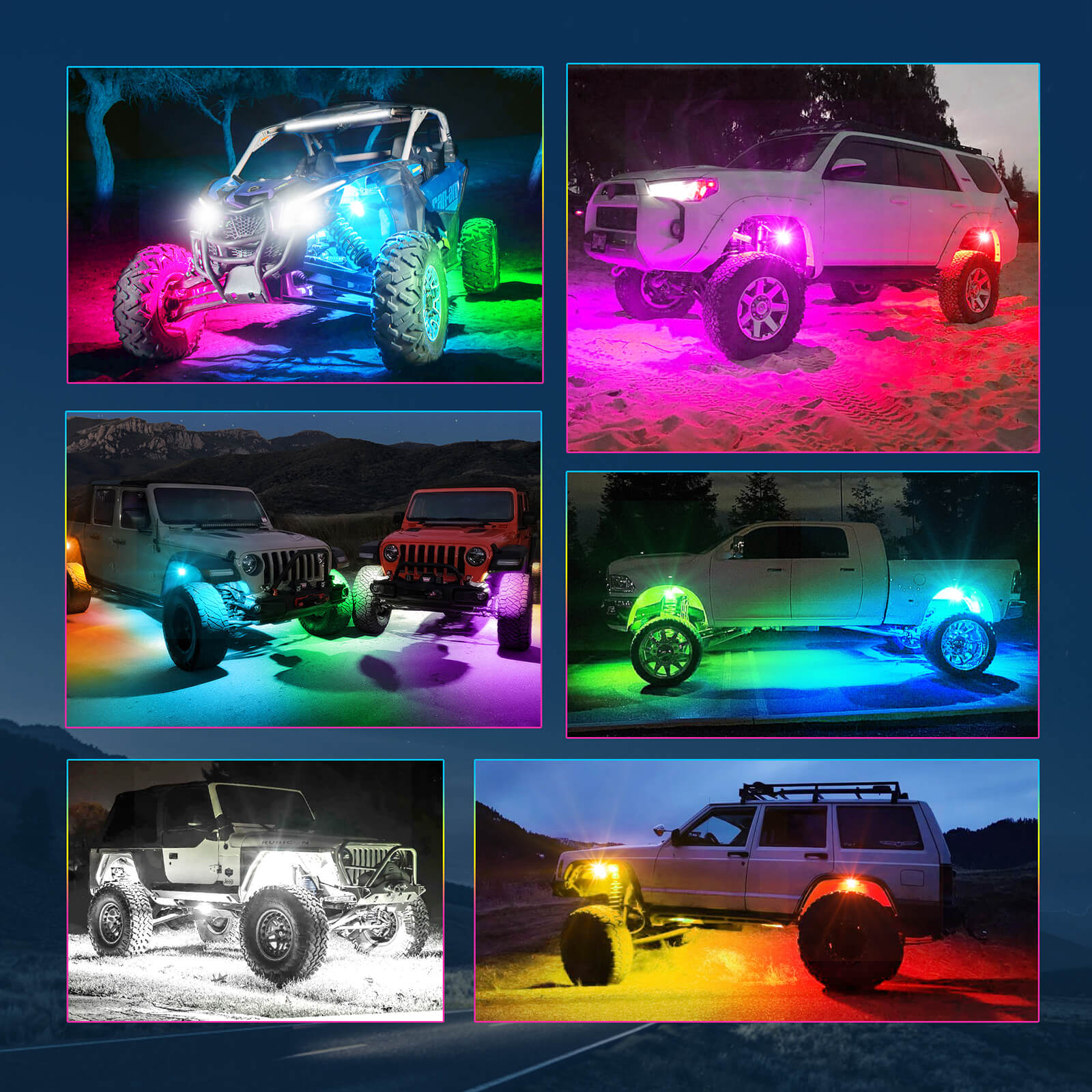 Q1 Max RGB+IC Rock Lights 8-24 Pods Bundle with 3FT/4FT W1 LED Whip Lights with 10pcs Flag