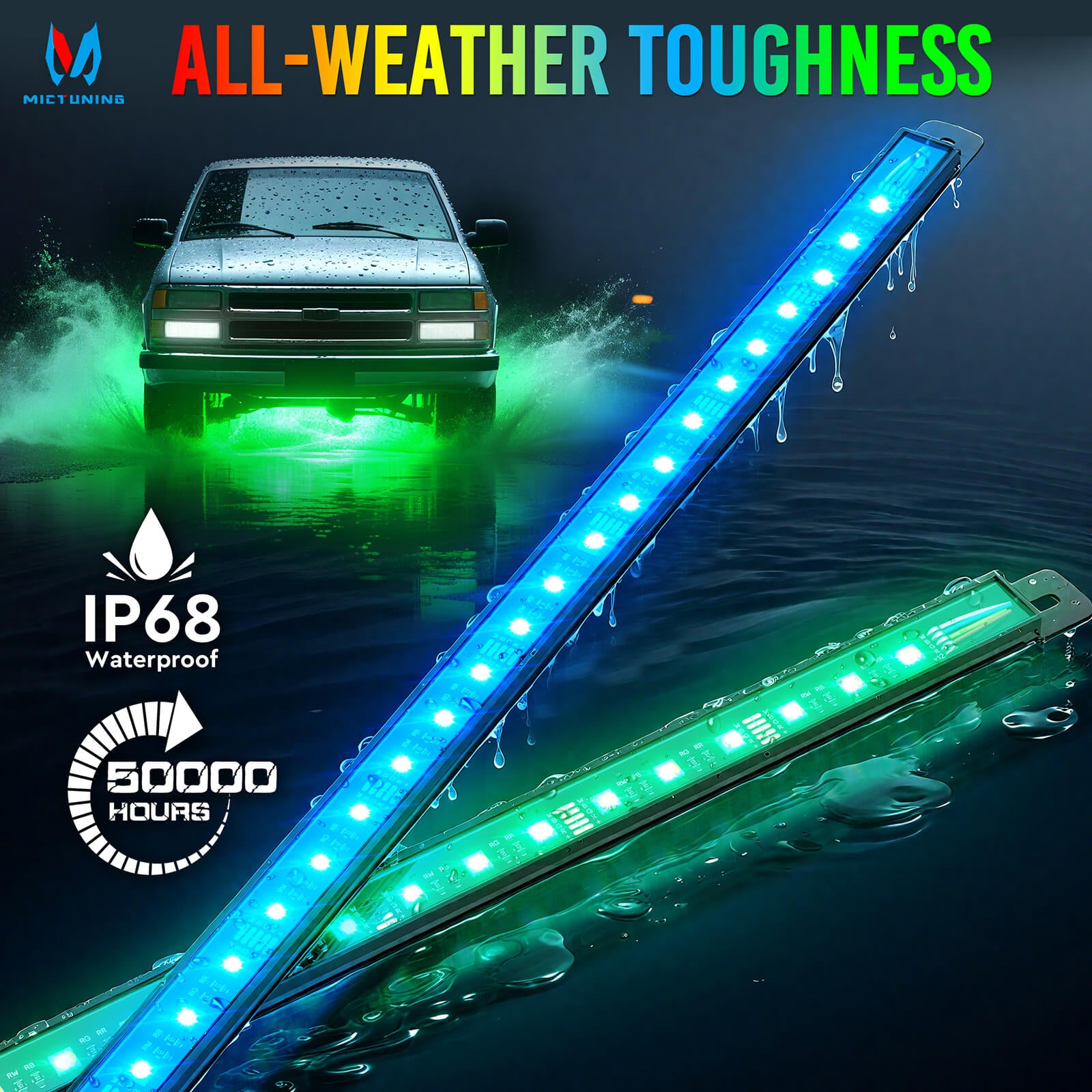 U8 RGB+IC/RGBW/RGB Underglow LED Light Bar, Dual Remote Control, Chasing Color Underbody Light Strip with Aluminum Housing, IP68 Waterproof, 8pcs