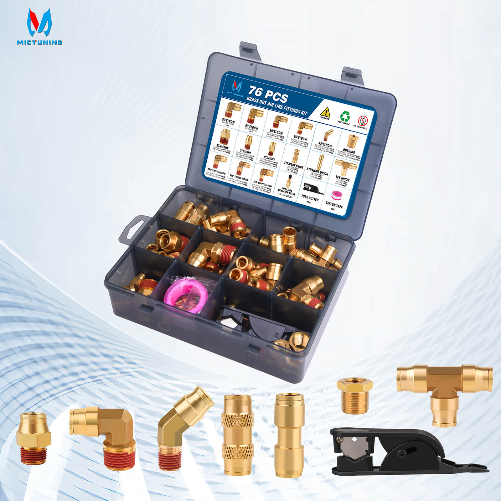 76 PCS Brass DOT Air Brake Line Fittings Assortment Kit, Quick Connect & NPT Thread Tube Air Hose Fittings Repair Kit, Fittings for Truck or Industrial Air System