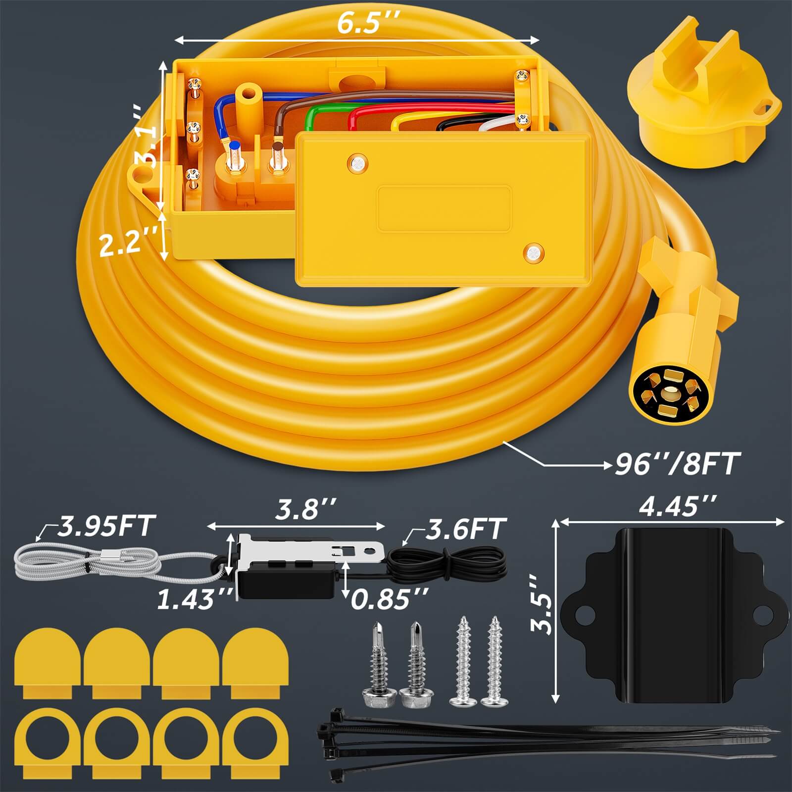 8/12 FT Heavy Duty 7 Way Trailer Cord Plug Connector with Yellow Cover 7 Gang Junction Box, Weatherproof