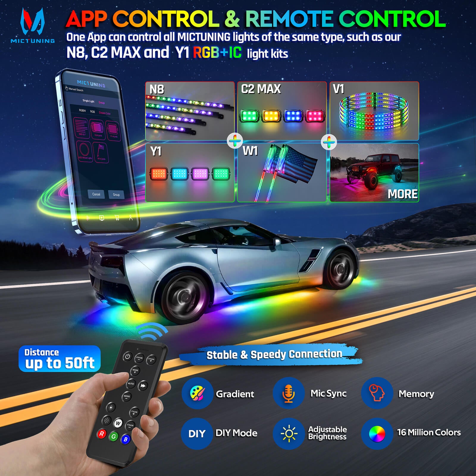 N8 Aluminum LED Car Underglow Light Kit, Exterior Underbody Multicolor Light Strip 8PCS - App+Remote Control(RGBW/RGB+IC)