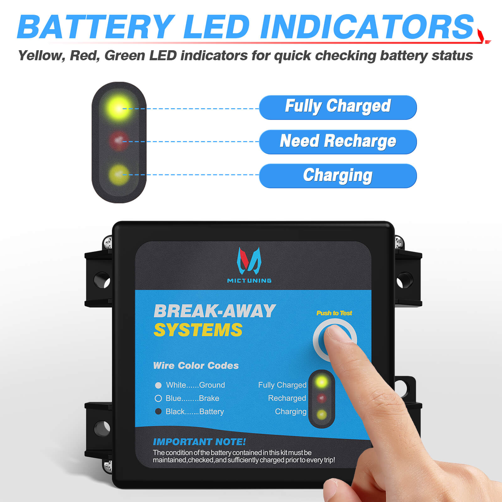 Trailer Brakes Breakaway Kit with Charger, LED Indicator, Switch, 12V 5AH Built-in Battery for Towing Trailer Caravan