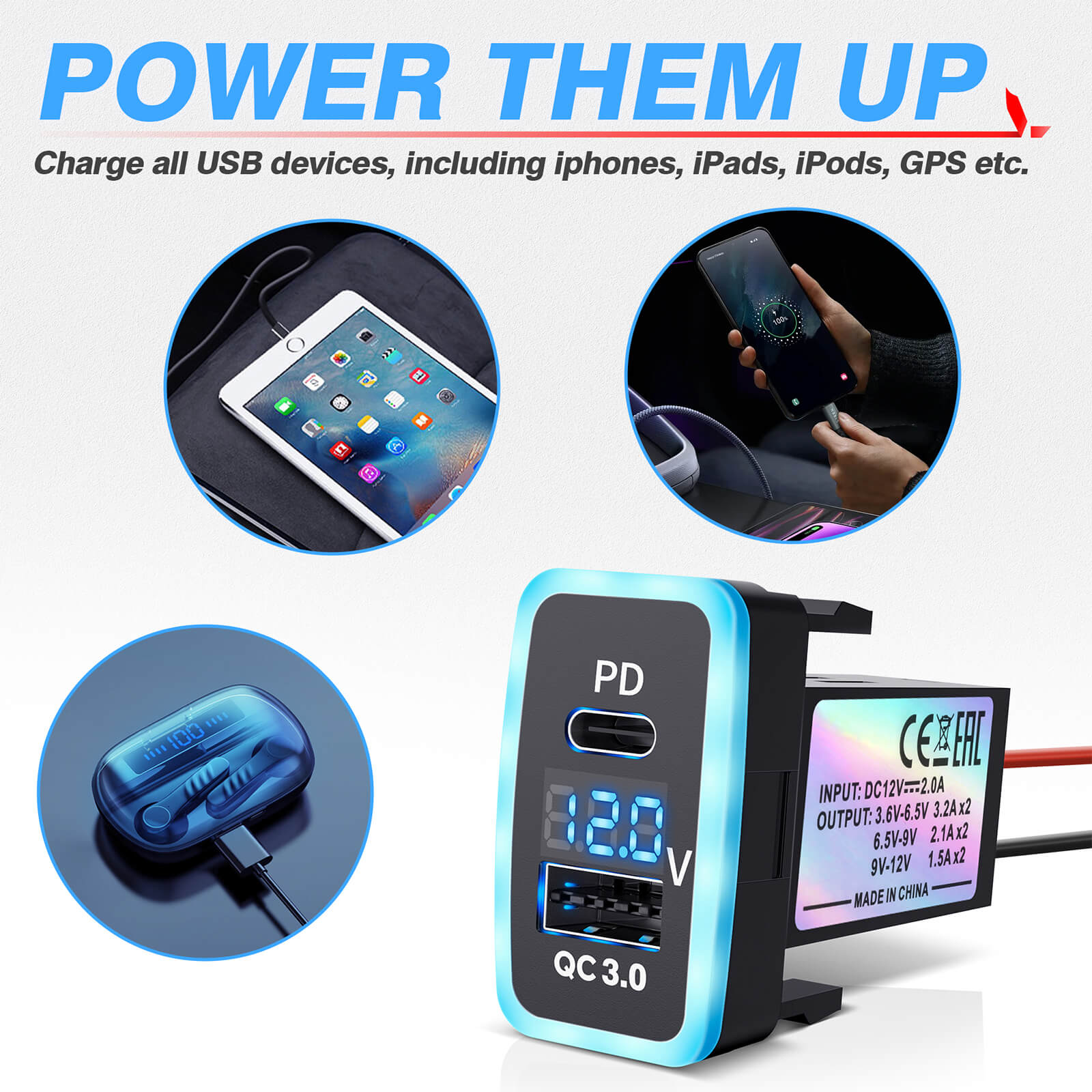 MICTUNING PD+QC3.0 Dual USB Power Socket 3.2A 20W for Toyota, Quick Charge Car Cigarette Lighter Charger with LED Voltage Display