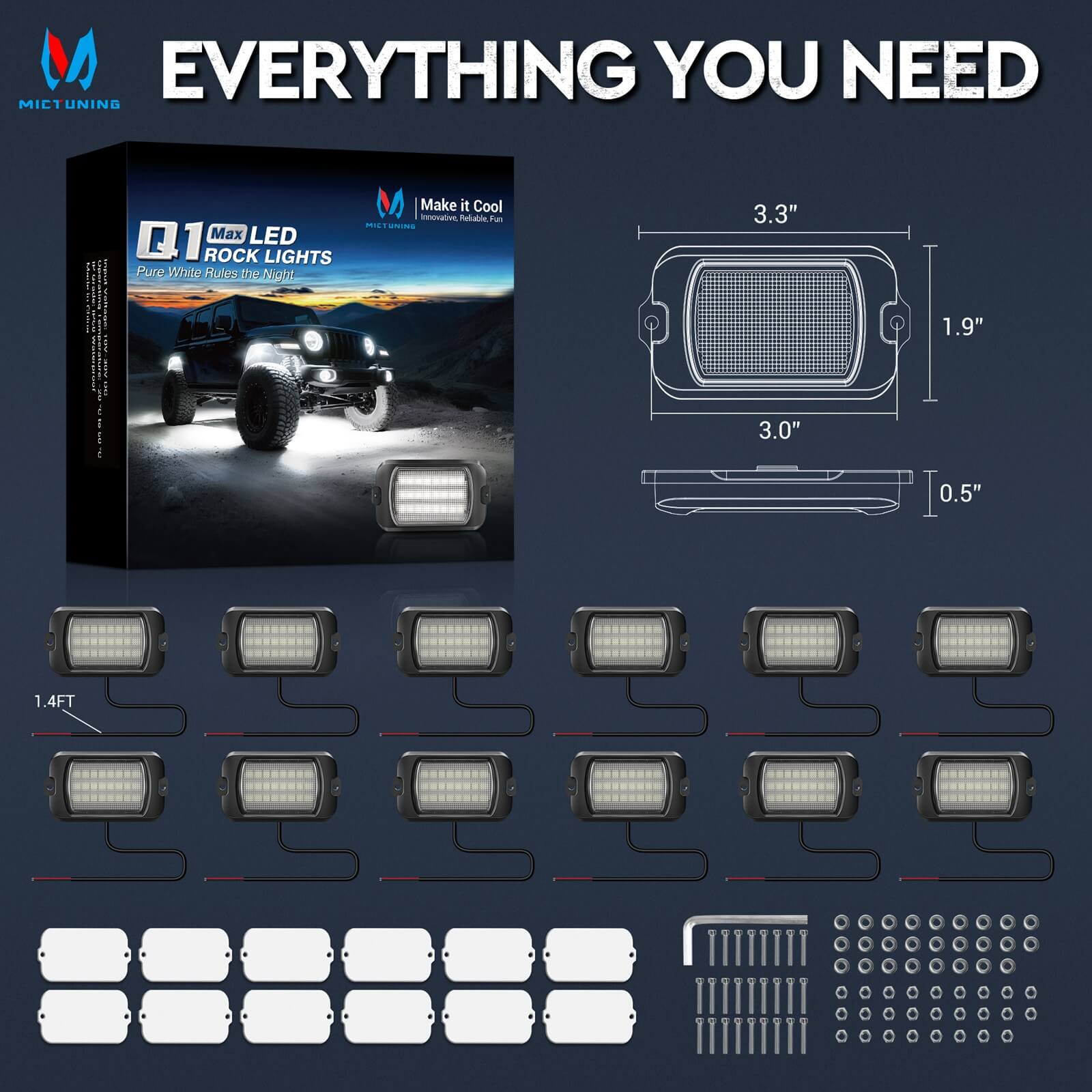 Q1 MAX White Rock Lights - 4-12 Pods Underglow Lights Compatible for Car Truck Offroad Boat, IP68 Waterproof