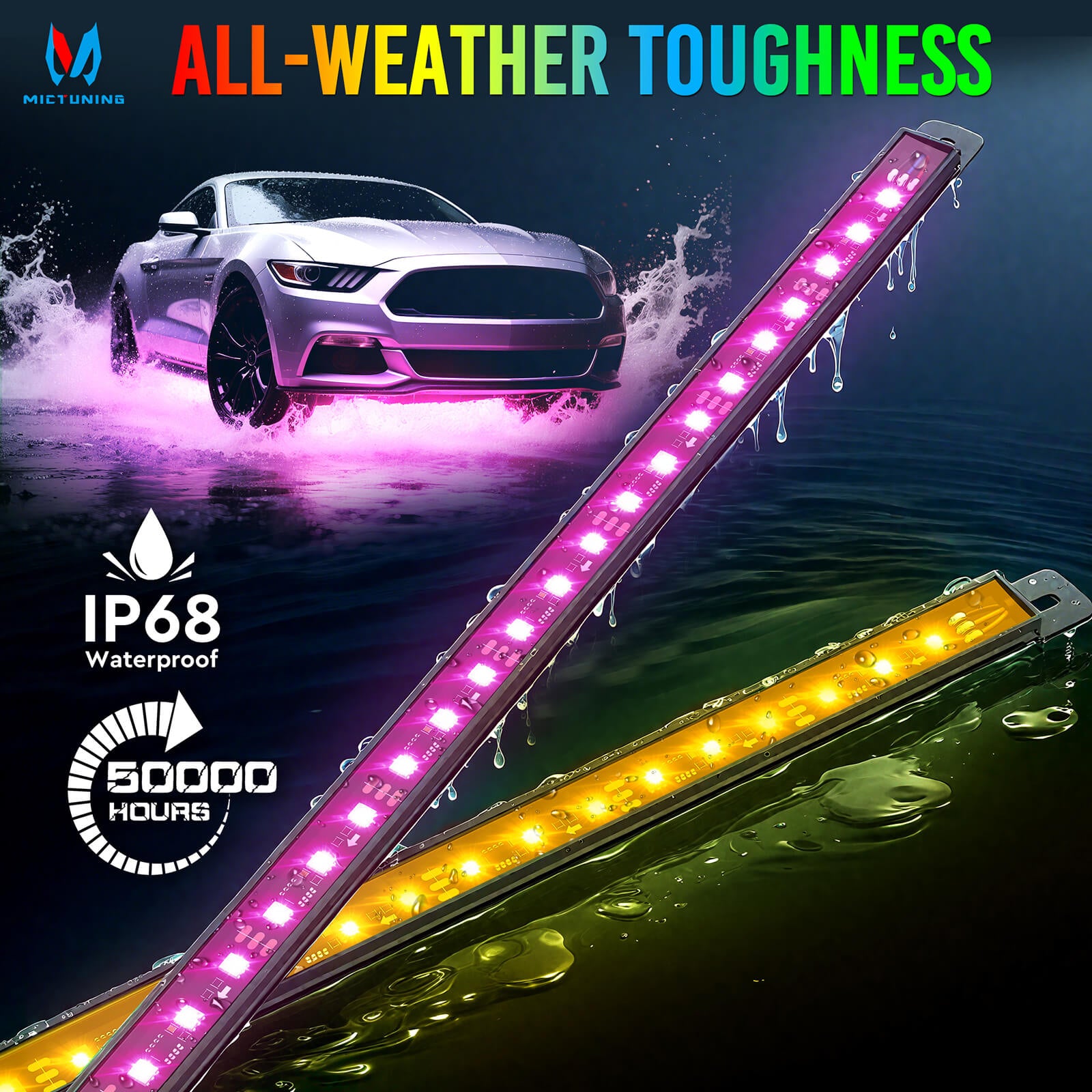 U8 RGB+IC/RGBW/RGB Underglow LED Light Bar, Dual Remote Control, Chasing Color Underbody Light Strip with Aluminum Housing, IP68 Waterproof, 8pcs