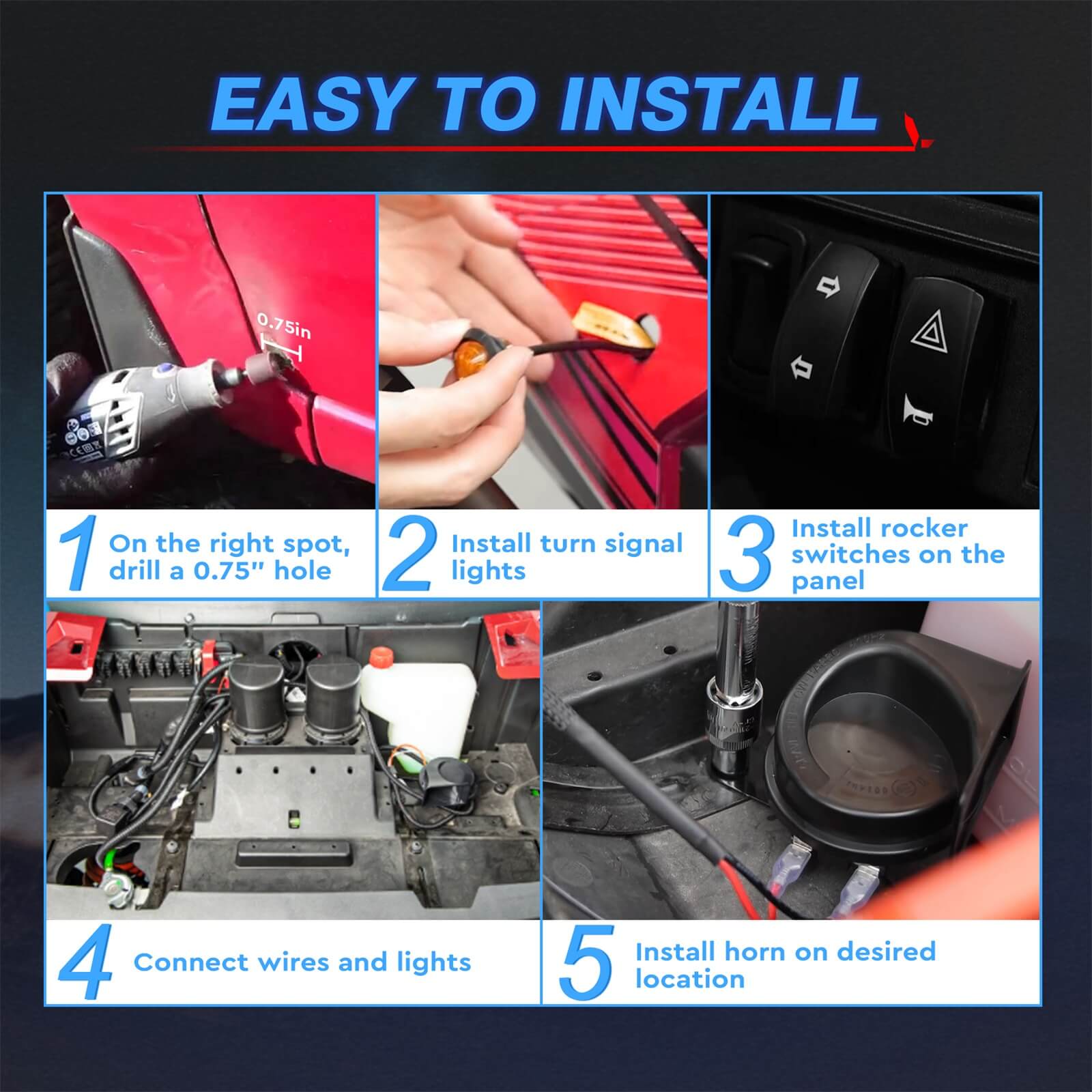 UTV Turn Signal Kit with Horn, Plug-N-Play ATV Blinker Kit, Rocker Switch & Hazard Light For Polaris Can-Am Kawasaki CFMOTO Side-by-Side Golf Cart