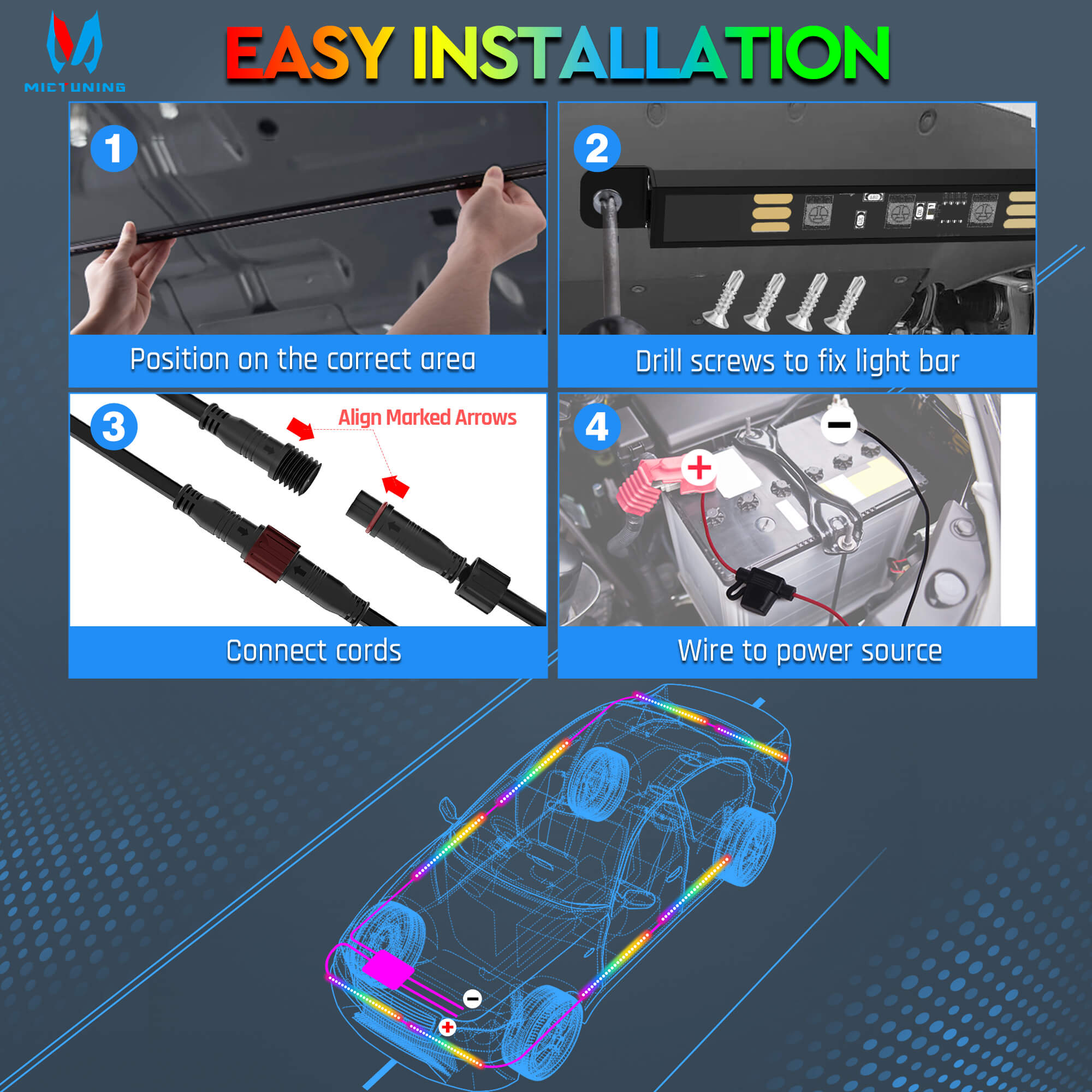 N8 Aluminum LED Car Underglow Light Kit, Exterior Underbody Light Strip 8PCS - Remote & Key Fob Dual Control(RGBW/RGB+IC)