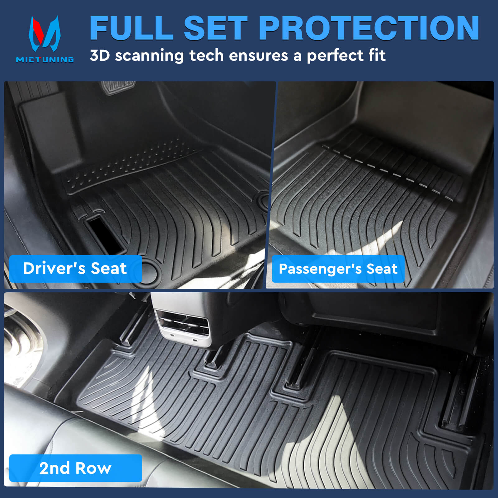 For Tesla Model 3 2017-2023 Floor Mats, 1st, 2nd Row, Trunk Mat & Rear Inner Storage Mat, Liner Set , Custom Fit TPE All Weather Car Liners