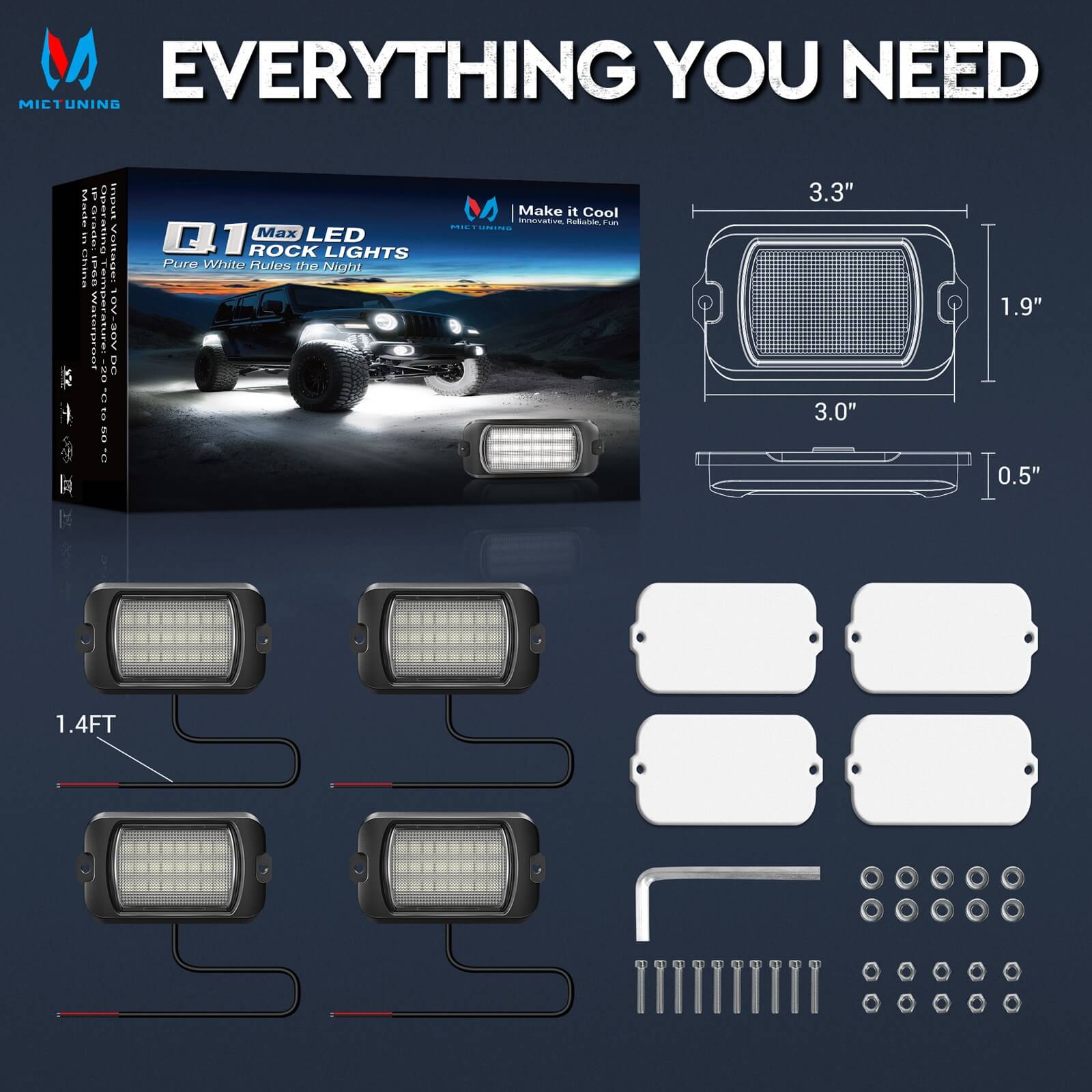 Q1 MAX White Rock Lights - 4-12 Pods Underglow Lights Compatible for Car Truck Offroad Boat, IP68 Waterproof