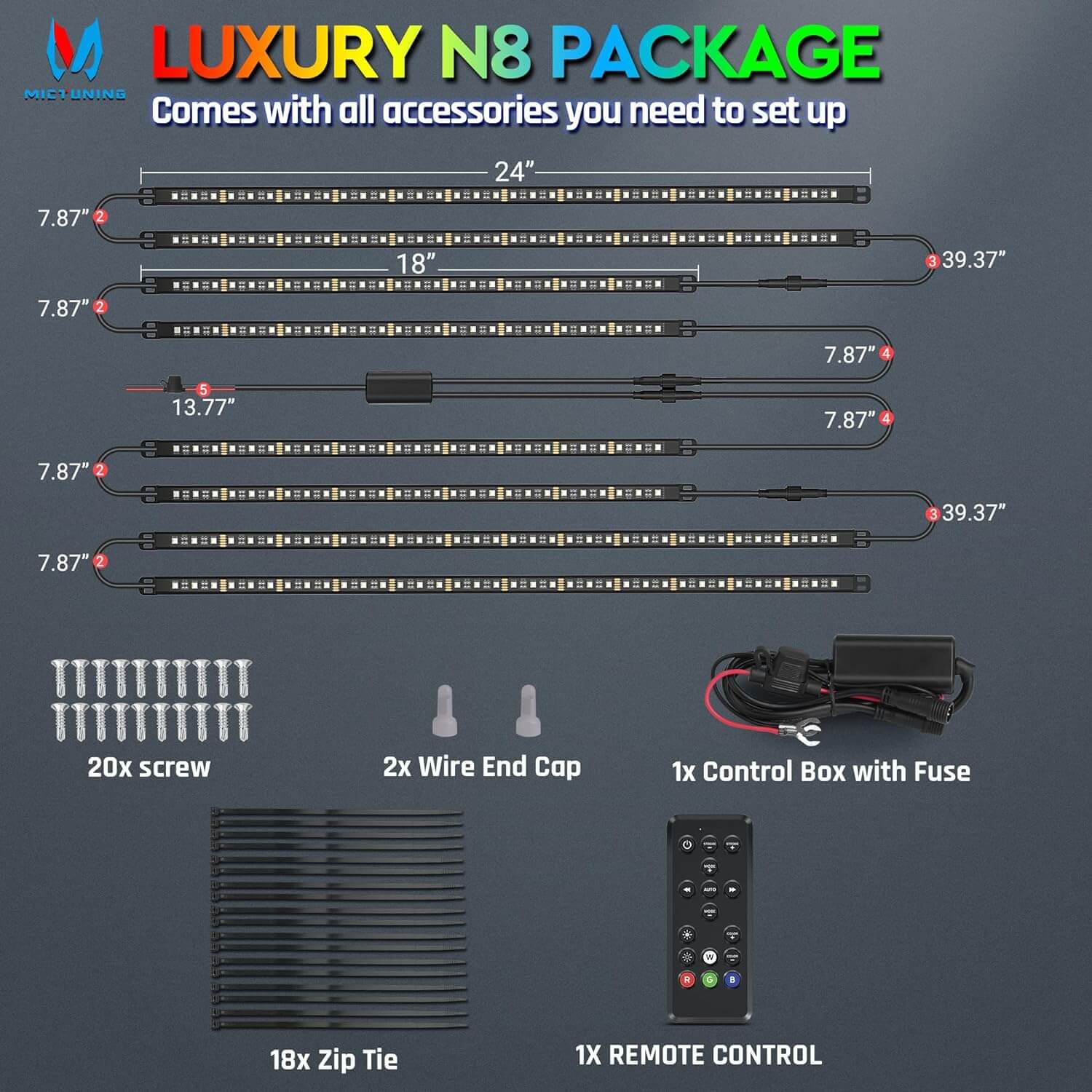 N8 Aluminum LED Car Underglow Light Kit, Exterior Underbody Multicolor Light Strip 8PCS - App+Remote Control(RGBW/RGB+IC)