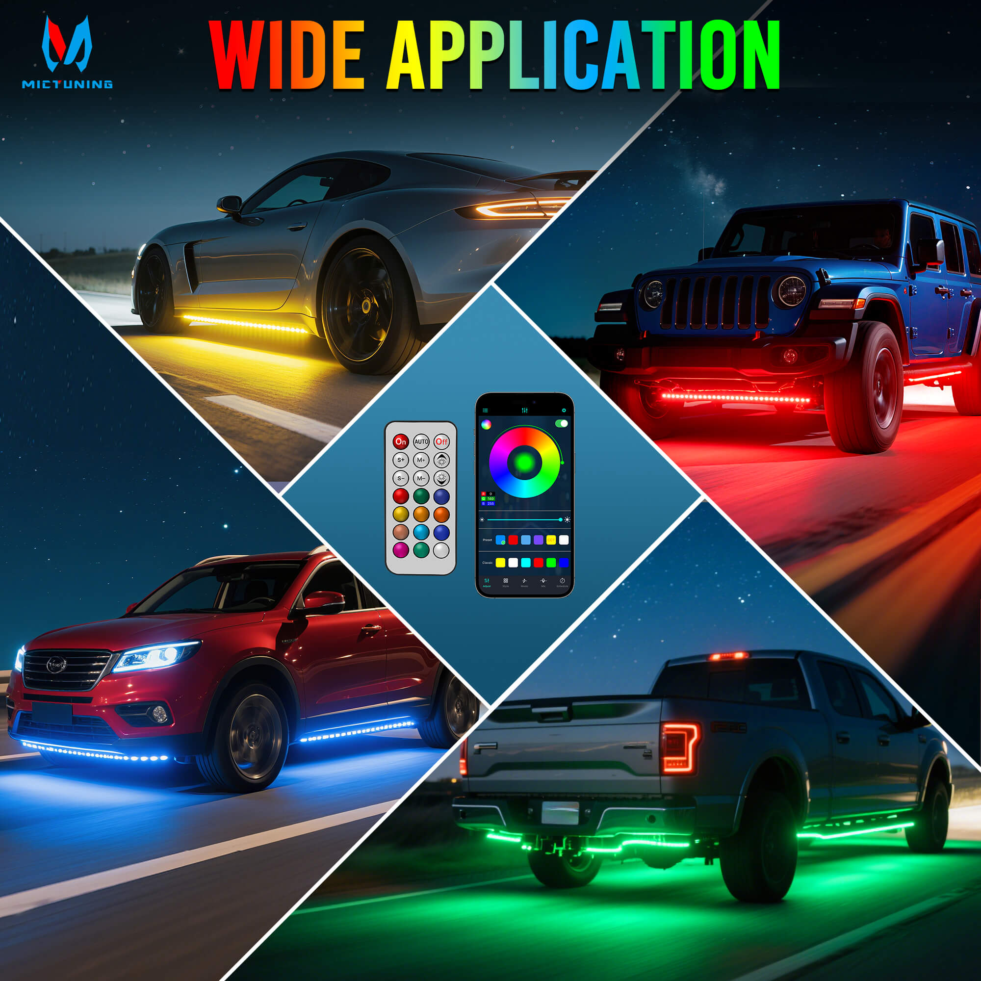 RGB Car Underglow Neon Accent Strip Lights, APP & Remote Control, Sound Active Function, Music Mode(2x35″+2x47″/4x35″+2x47″ )