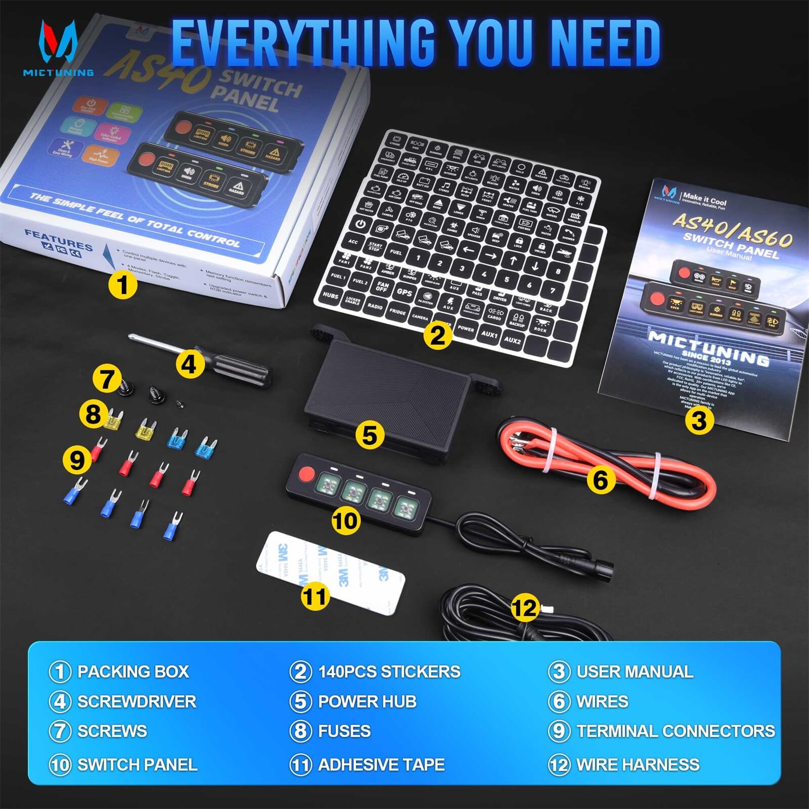 AS-40/AS-60 4 Gang/6 Gang Switch Panel, High Power Multifunction Toggle Momentary Strobe Circuit Control Relay System Box with Strong Adhesive