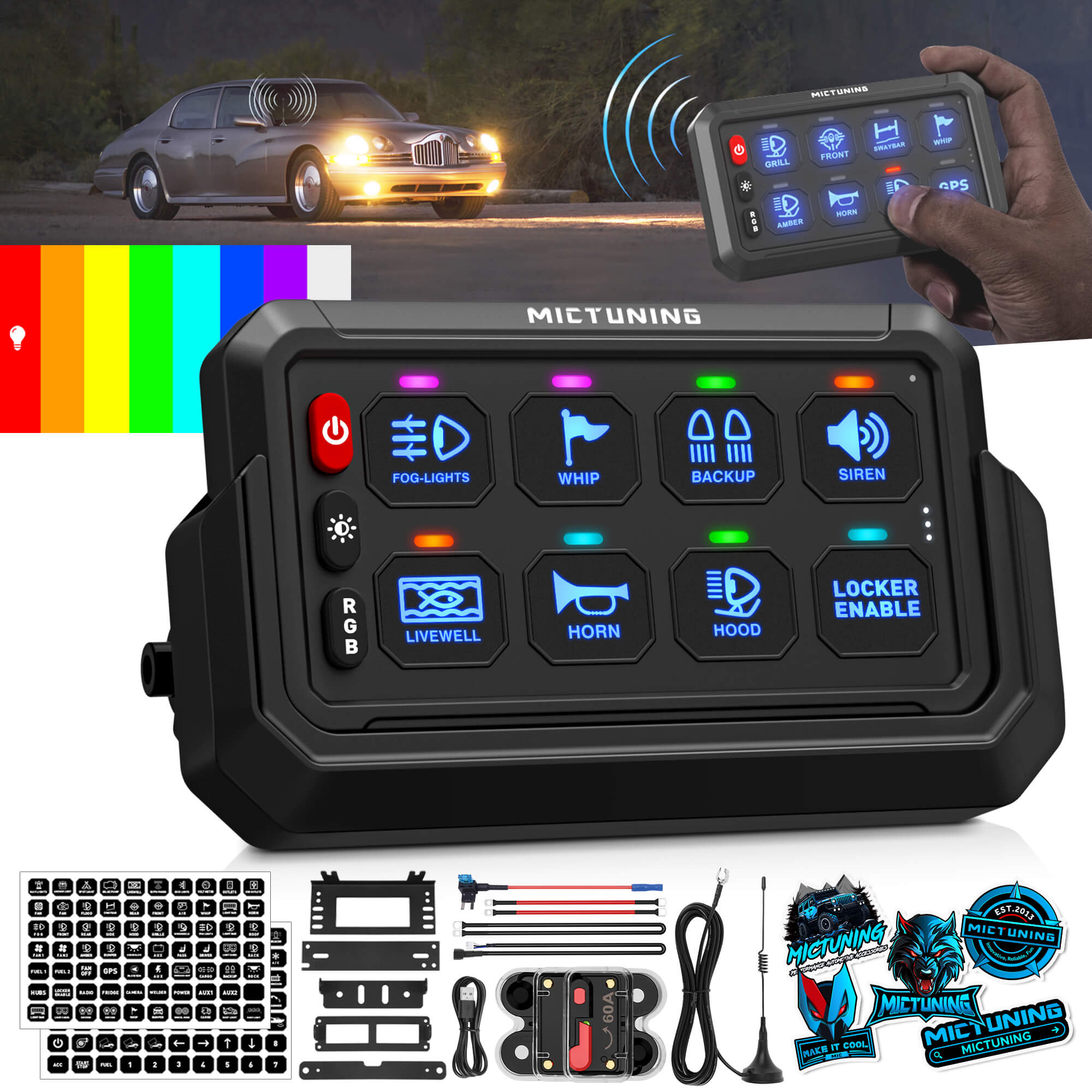MICTUNING P1s-AC Wireless Cordless RGB Switch Panel 8/12 Gang, Up to 165FT/265FT Range, Aluminum Multifunction Removable Panel