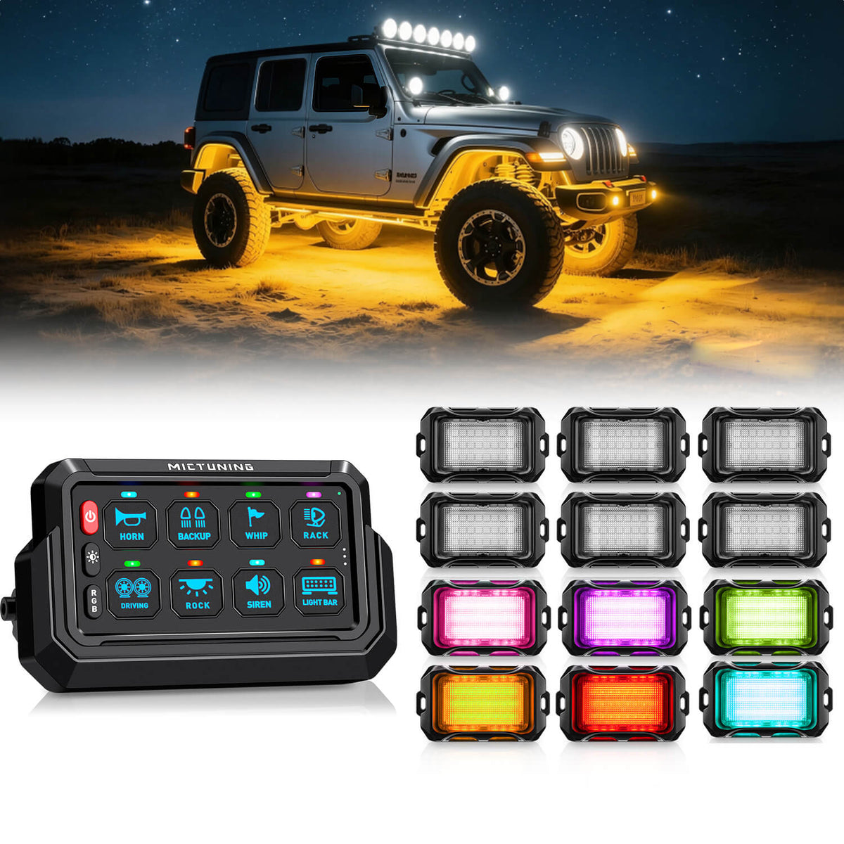 P1s-AC Wireless Cordless RGB Switch Panel Up to 265FT 8/12 Gang Bundle with Q2 MAX RGB+IC Rock Lights Individual Group Control, 8-16 Pods