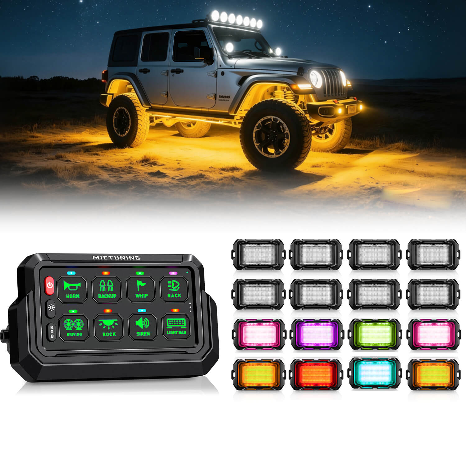 P1s-AC Wireless Cordless RGB Switch Panel Up to 265FT 8/12 Gang Bundle with Q2 MAX RGB+IC Rock Lights Individual Group Control, 8-16 Pods