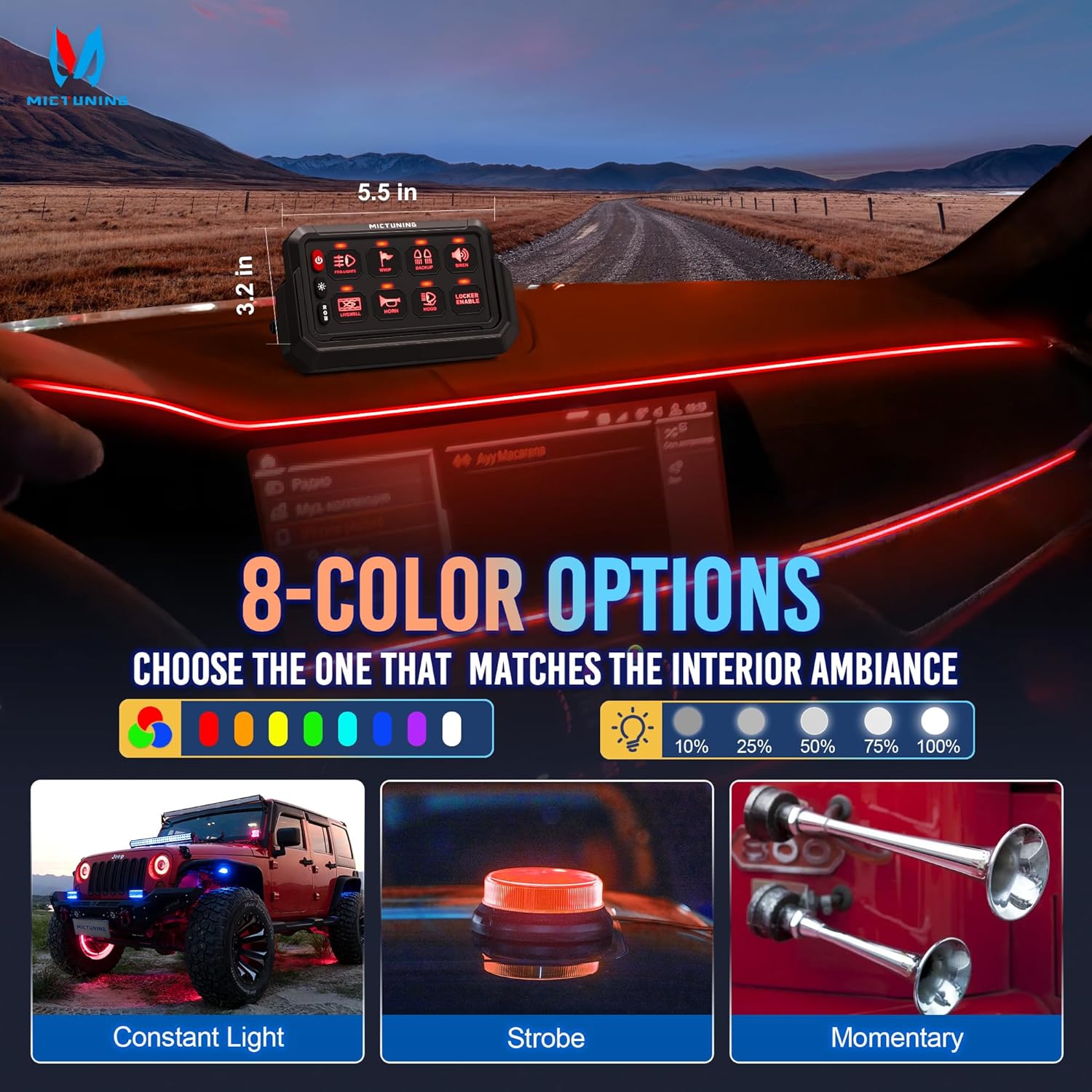 MICTUNING P1s-AC Wireless Cordless RGB Switch Panel 8/12 Gang, Up to 165FT/265FT Range, Aluminum Multifunction Removable Panel