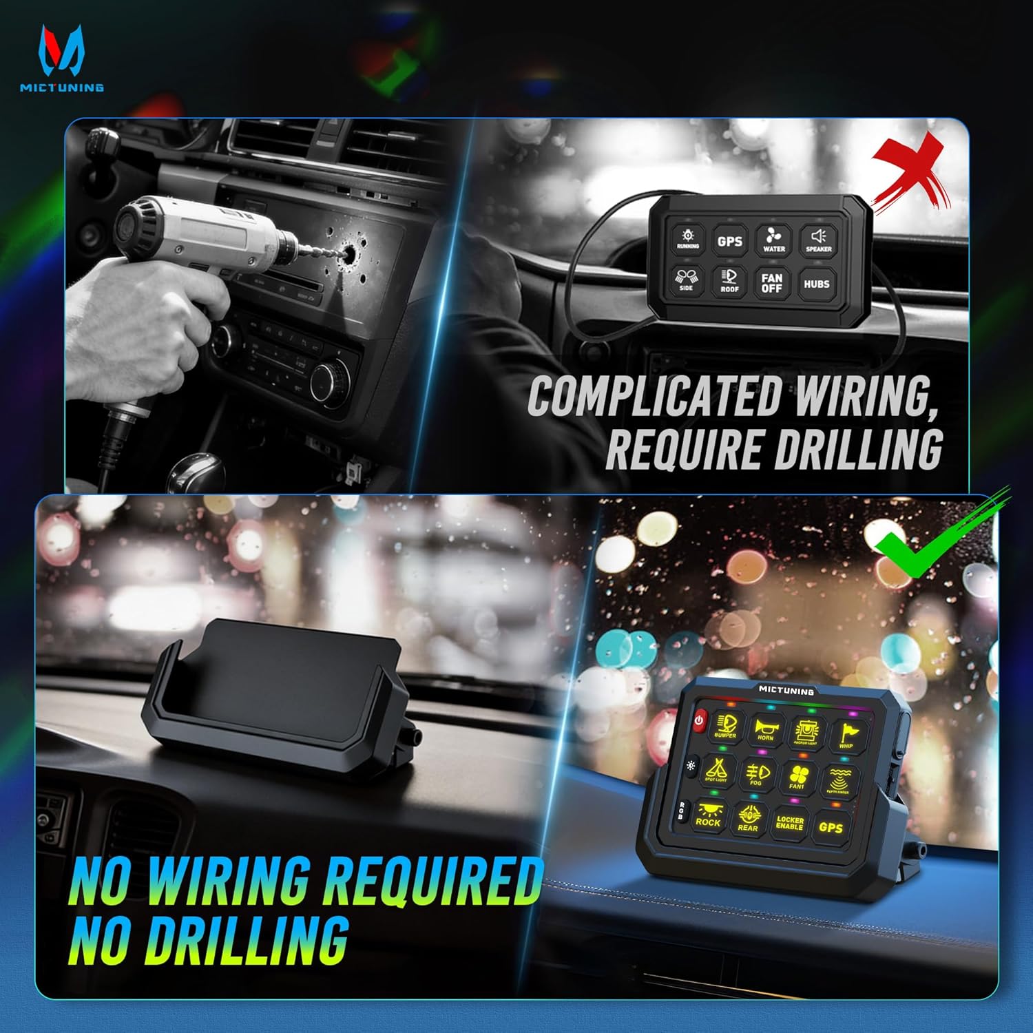 P1s-AC Wireless Cordless RGB Switch Panel Up to 265FT 8/12 Gang Bundle with Q2 MAX RGB+IC Rock Lights Individual Group Control, 8-16 Pods