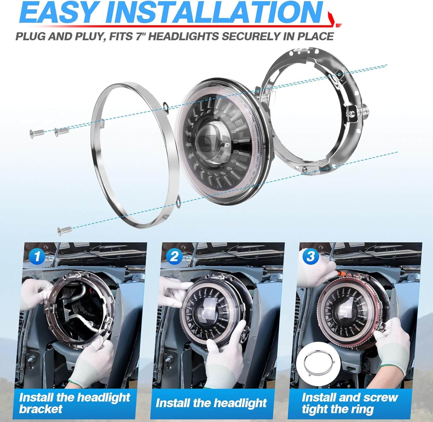 J1 Anti-glare 1000% Brighter 7″ Round Led Headlights with Start-up Gradient Welcome Halo, Motorcycle Headlights, 1 pcs/2 pcs