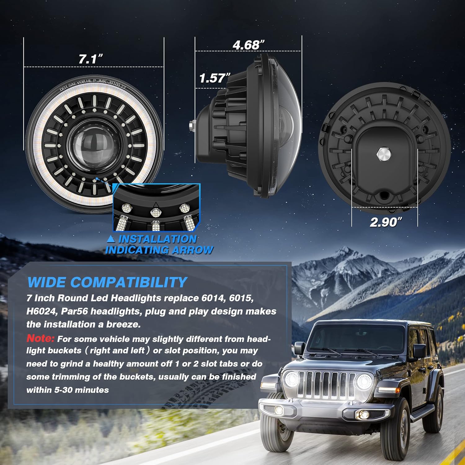 J1 7-inch LED Headlights with Blue Welcome Halo, DOT Approved Anti-Glare, Round H6024 Assembly