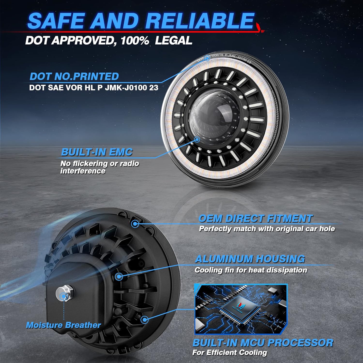 J1 7-inch LED Headlights with Blue Welcome Halo, DOT Approved Anti-Glare, Round H6024 Assembly