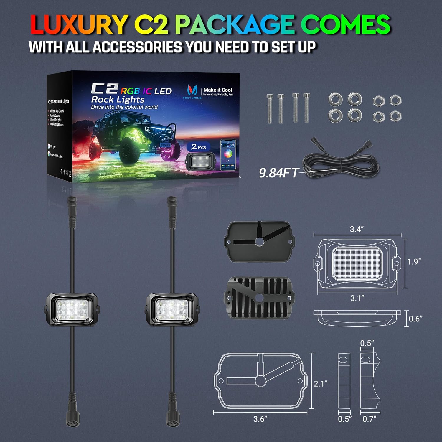 C2 Max RGB+IC Chasing Color Rock Lights Kit, 2-24 Pods, IP68 Waterproof, Black Housing