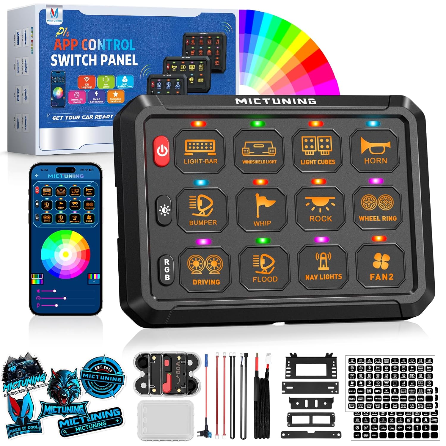 P1s-APP Bluetooth 8/12 Gang 5" RGB Switch Panel, High Power 5-Level Brightness, Multifunction Touch Toggle Switch