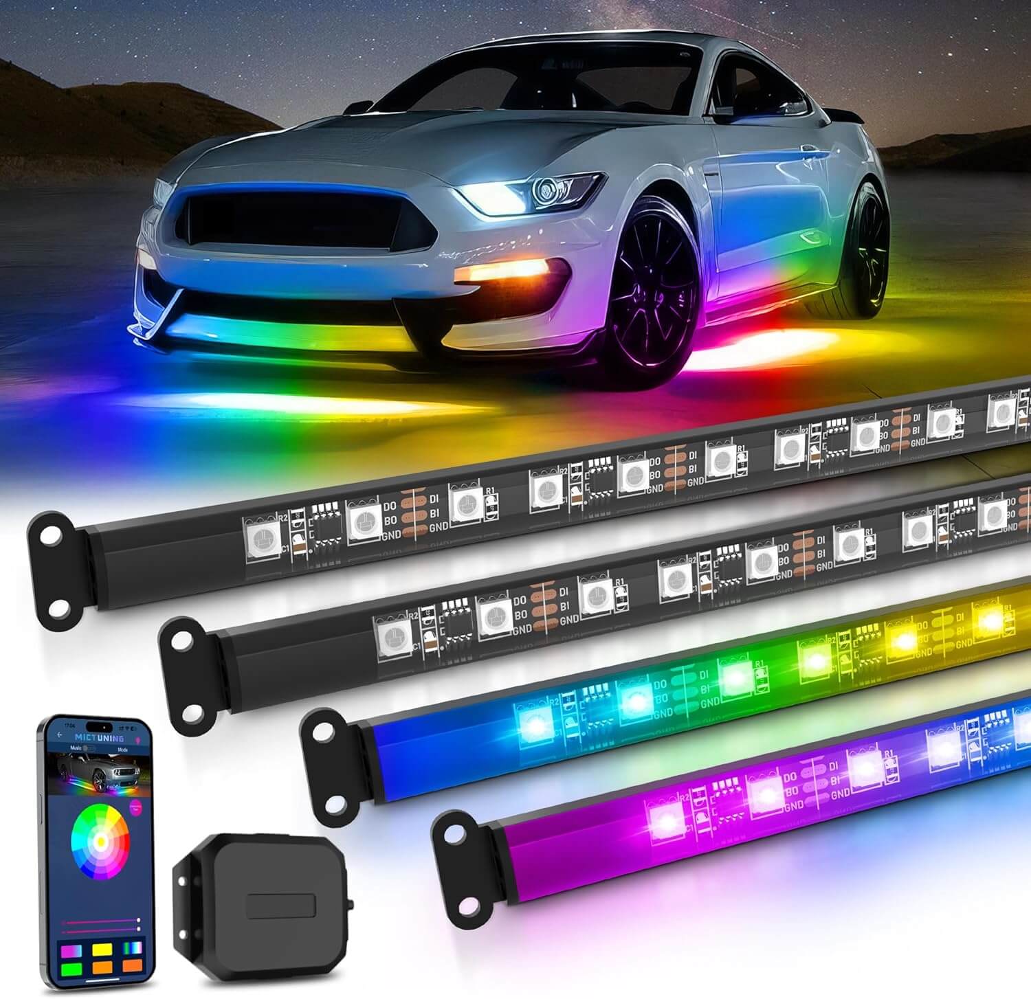 N3 RGB+IC Car Underglow Light Strip Kit Bundle with V1 RGB + IC Wheel Ring Lights