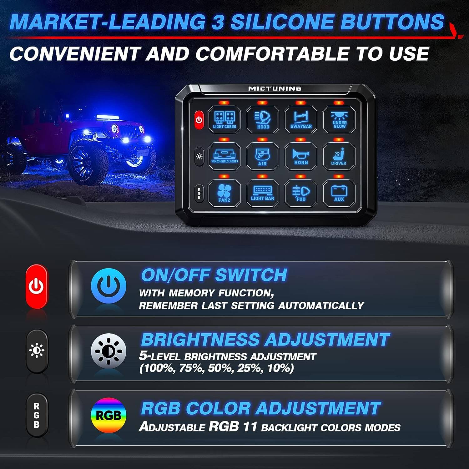 P1s RGB Switch Panel with 2x J1 Anti-Glare 1000% Brighter 7 Inch Round Led Headlights