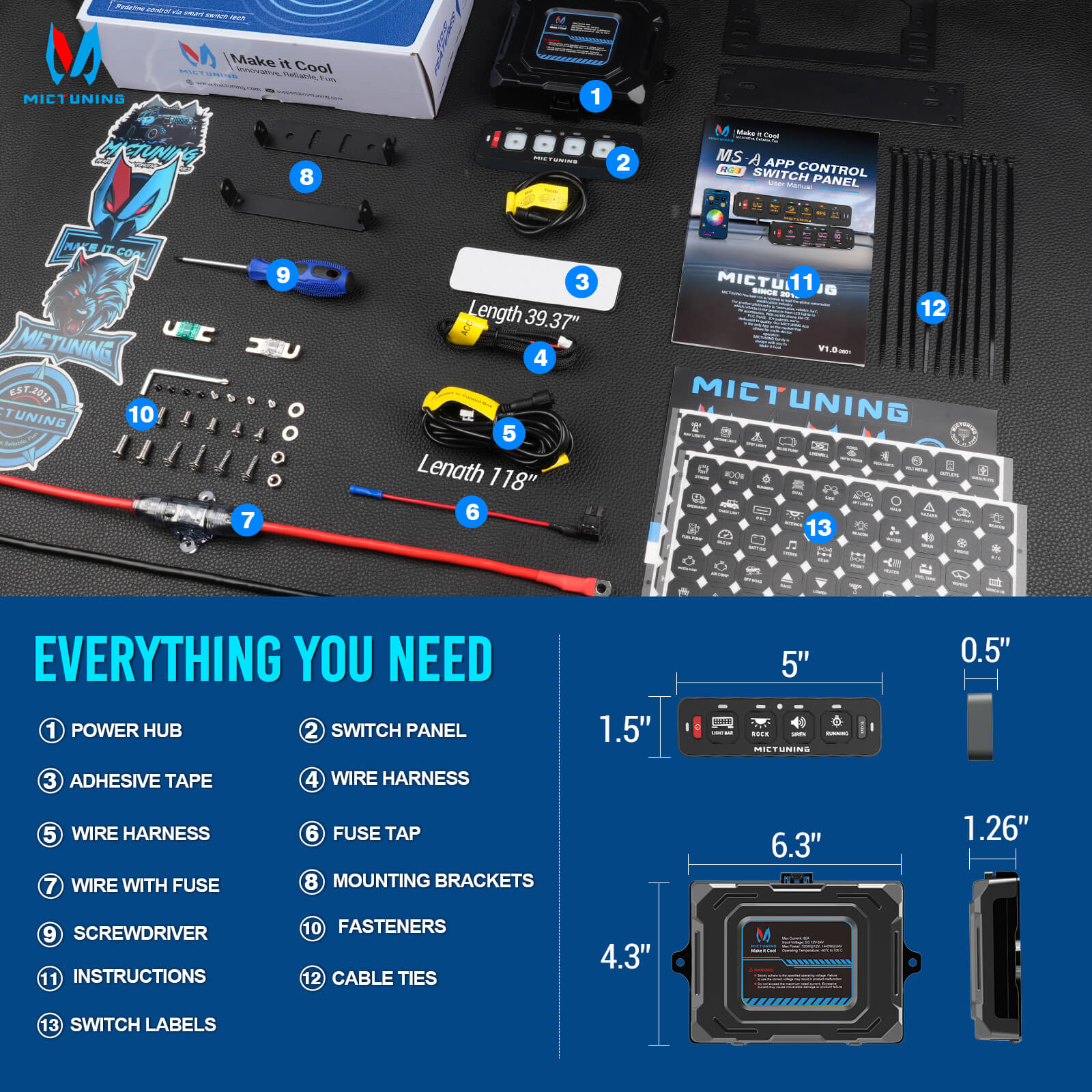 MS-A Slim App Control Switch Panel 4 Gang/6 Gang, RGB Auto-dimming Backlit, Multifunction Toggle Momentary Flash Strobe Circuit Control Relay System Box