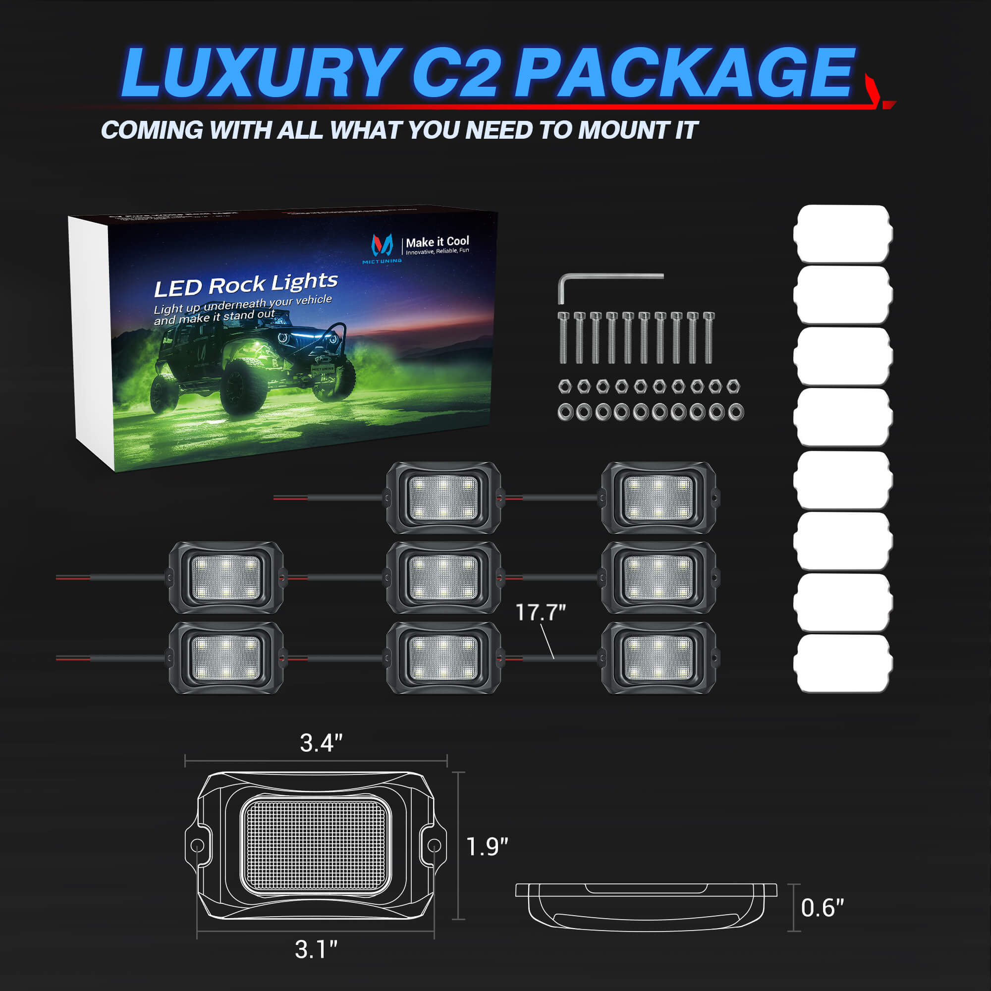 C2 Curved LED Rock Light Pure Sigle Color 4-16 Pods, White/Blue/Green