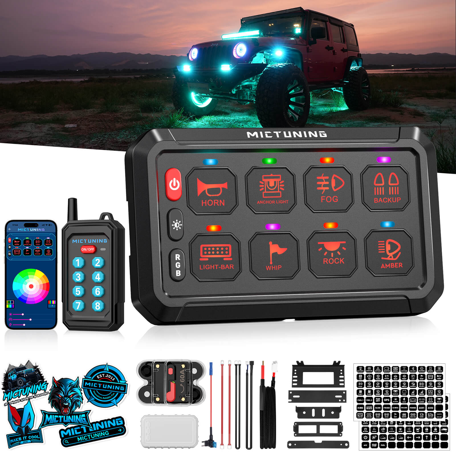 Upgraded P1Y RGB Switch Panel with Wireless Remote+App Control, 6/8/12 Gang, Circuit Box Toggle Switch Momentary Circuit 230FT Control Relay System