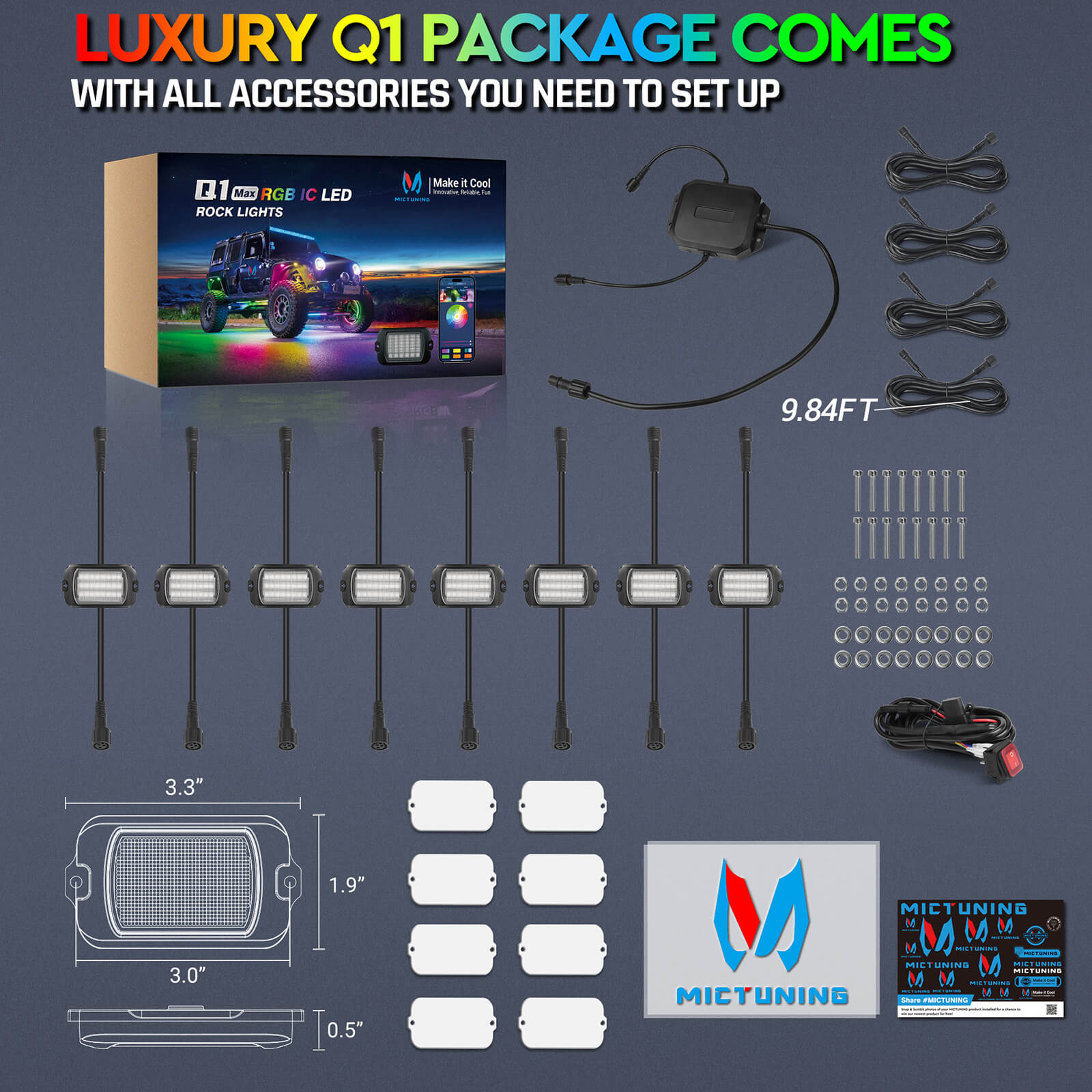 P1Y RGB Switch Panel with Remote Control Bundle with Q1 Max RGB+IC Rock Lights Kit 24LEDs/Pod Super Bright, 8-24 Pods