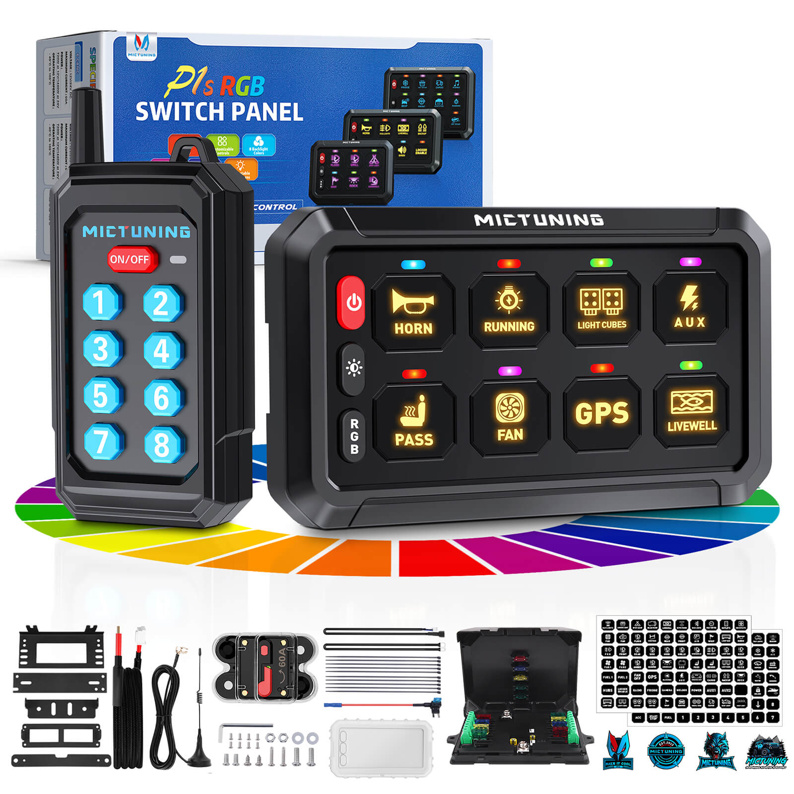 MICTUNING P1Y RGB Switch Panel with Remote Control Range Up to 230FT, 6/8/12 Gang