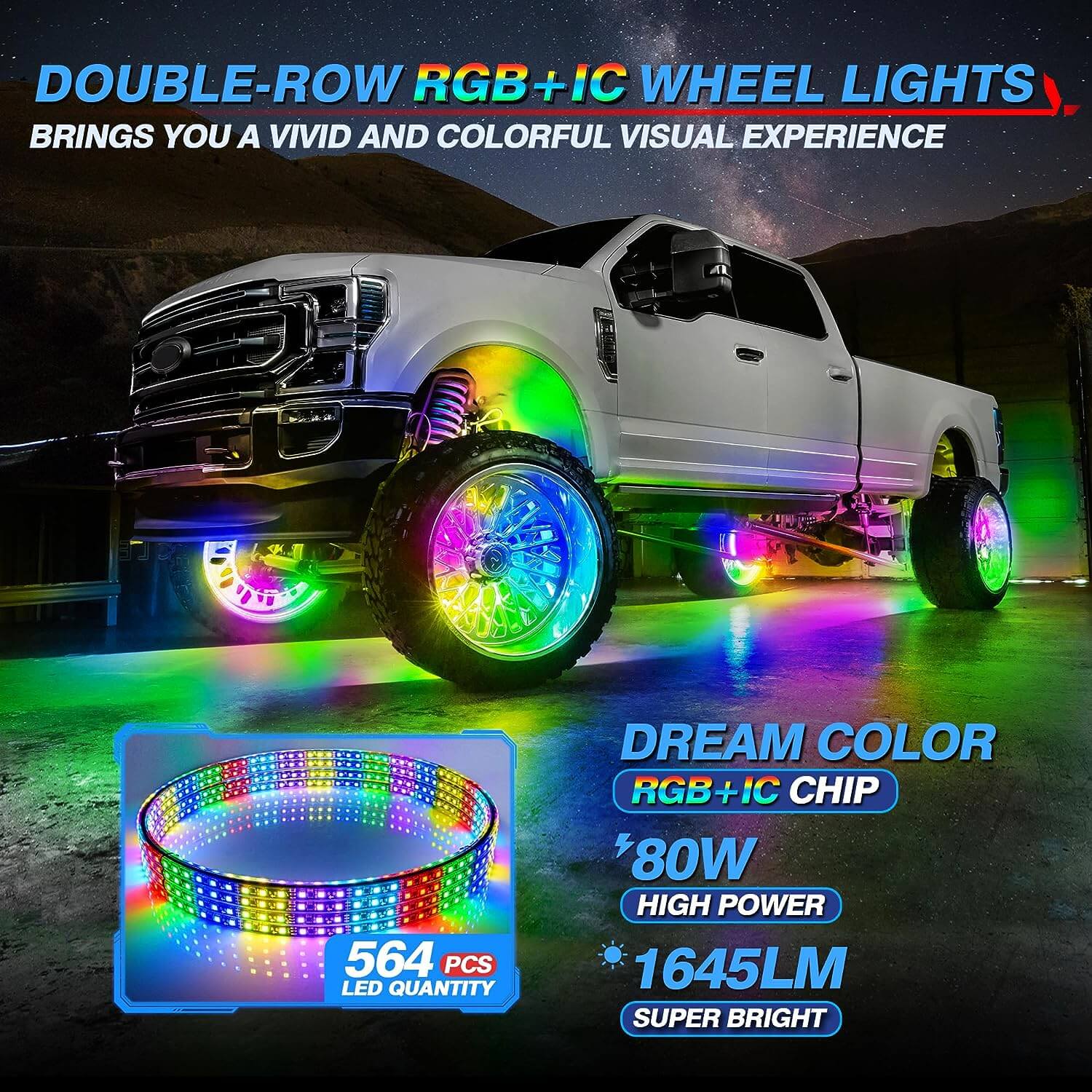 Three-Piece RGB+IC Collection, C2 RGB+IC Rock Lights 8 Pods, 4ft W1 Whip Lights Kit with 15.5″ Chasing Color Wheel Ring Lights