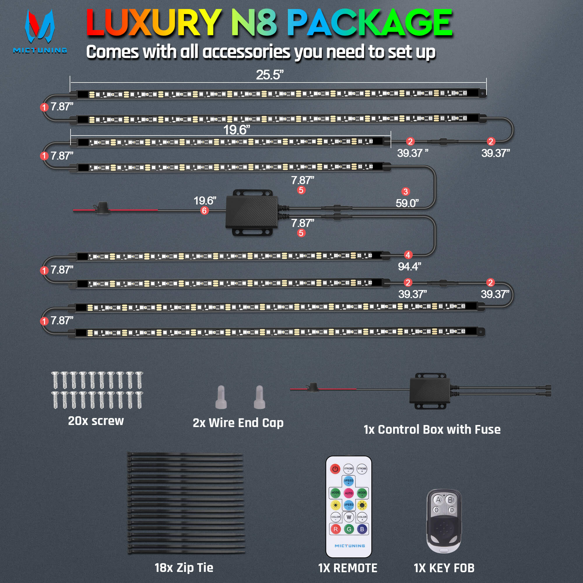 N8 Aluminum LED Car Underglow Light Kit, Exterior Underbody Light Strip 8PCS - Remote & Key Fob Dual Control(RGBW/RGB+IC)