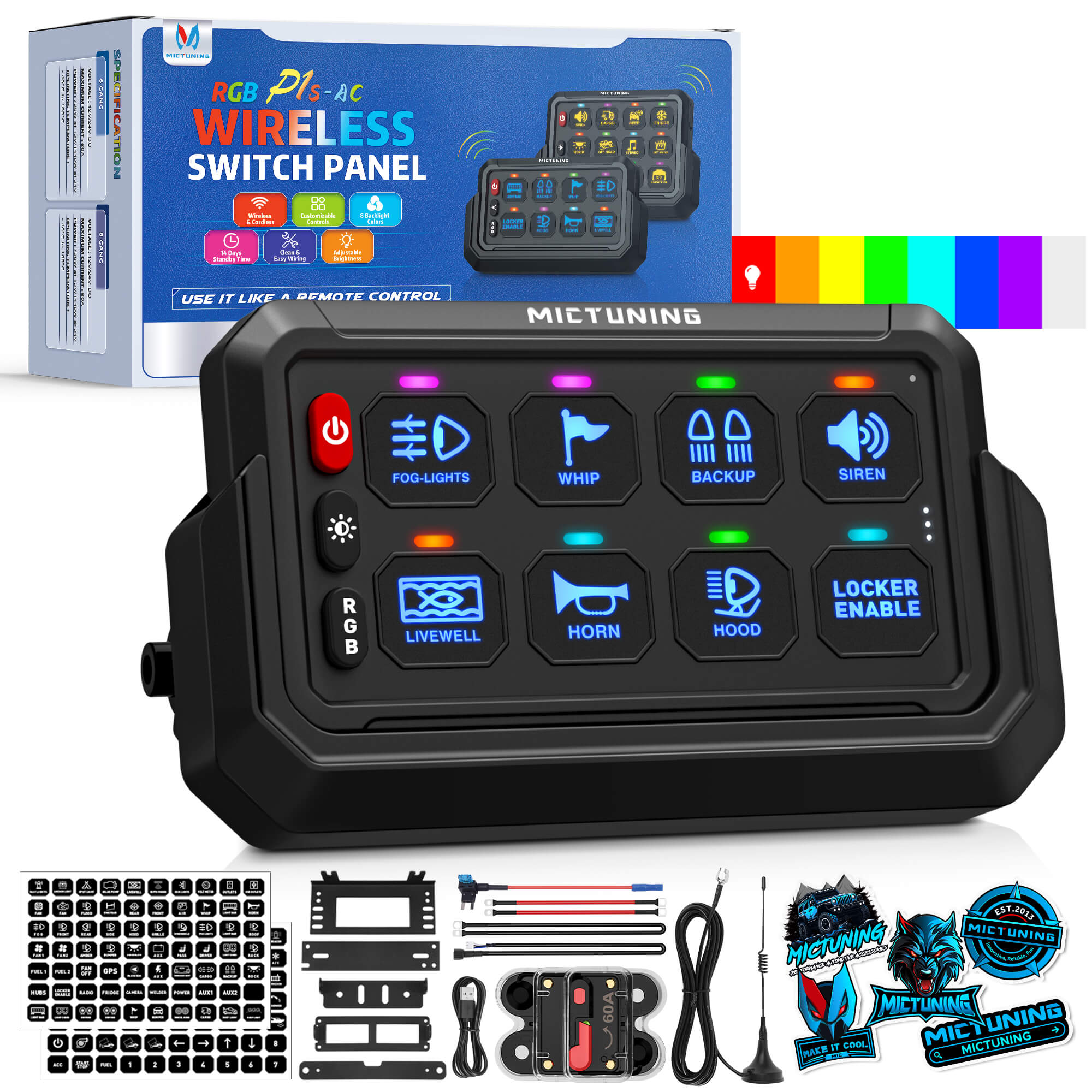 P1s-AC Wireless Cordless RGB Switch Panel 8/12 Gang, Up to 165FT/265FT Range, Aluminum Multifunction Removable Panel