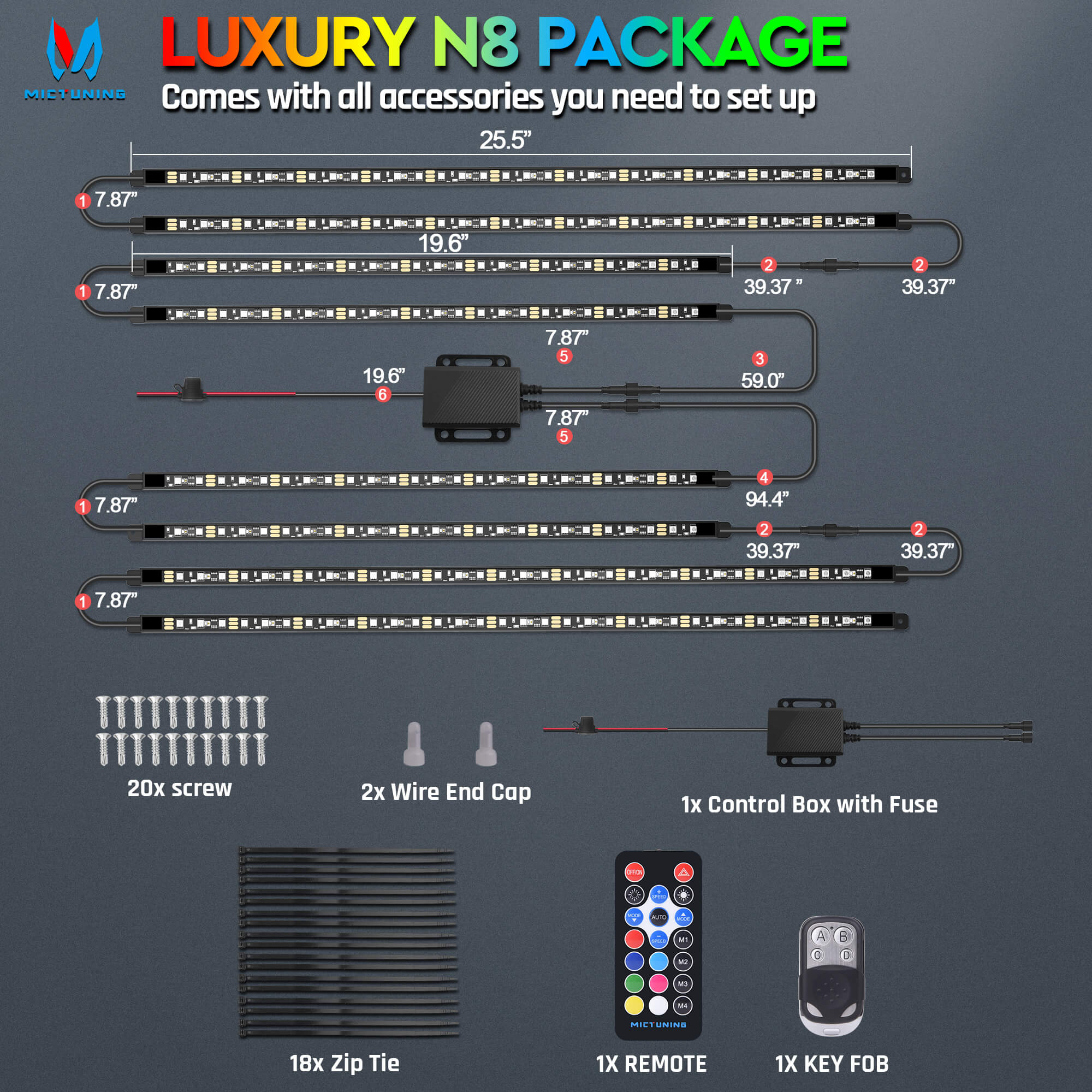 N8 Aluminum LED Car Underglow Light Kit, Exterior Underbody Light Strip 8PCS - Remote & Key Fob Dual Control(RGBW/RGB+IC)