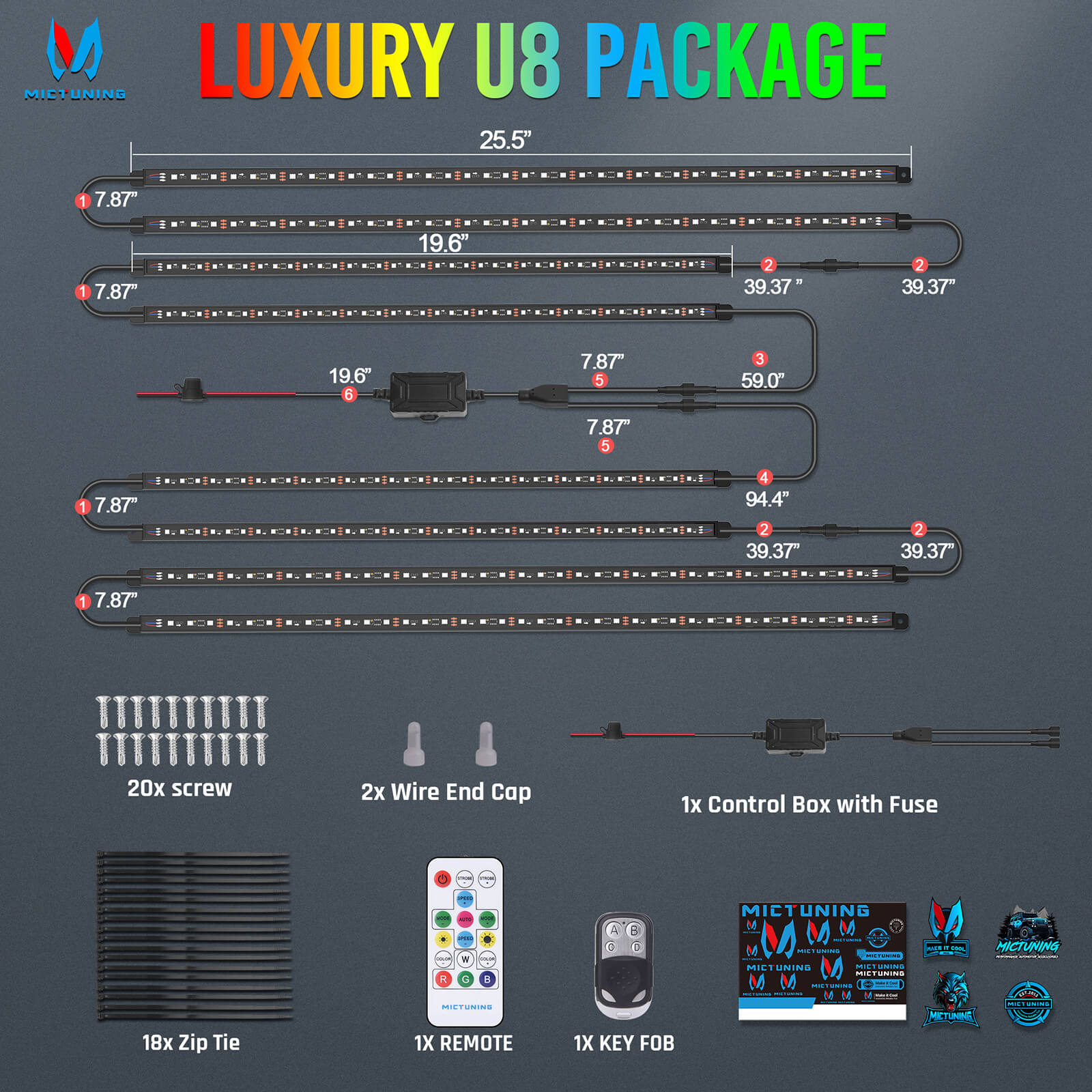 U8 RGB+IC/RGBW/RGB Underglow LED Light Bar, Dual Remote Control, Chasing Color Underbody Light Strip with Aluminum Housing, IP68 Waterproof, 8pcs