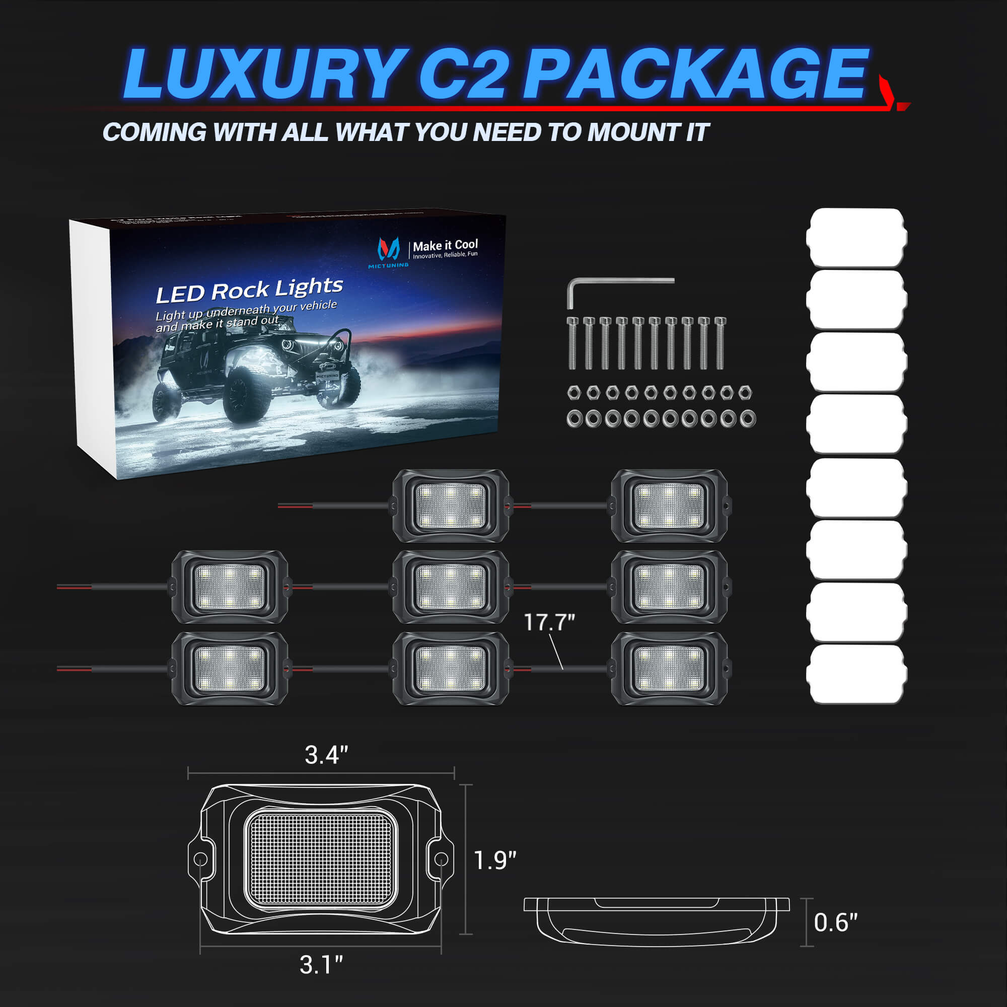 C2 Curved LED Rock Light Pure Sigle Color 4-16 Pods, White/Blue/Green