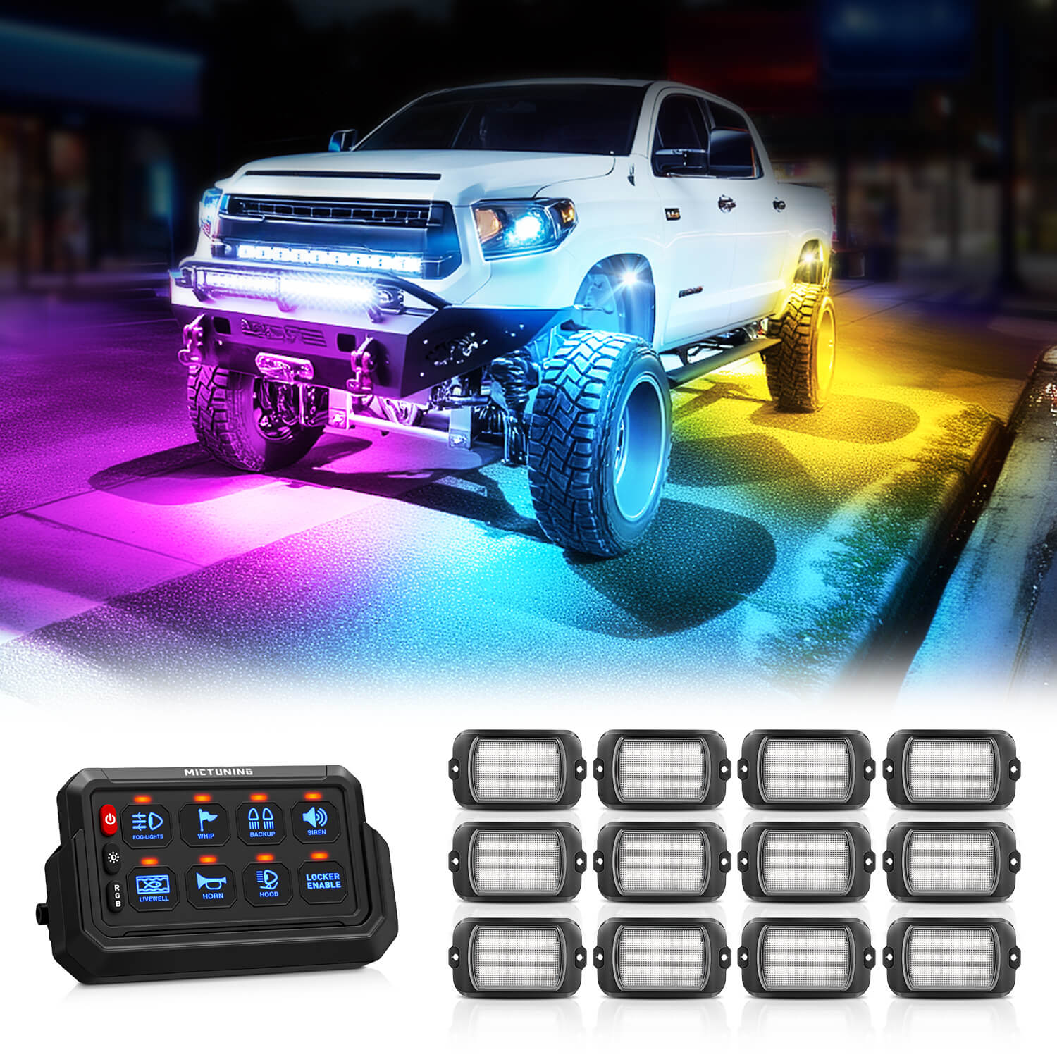 Q1 Max RGB+IC Rock Lights 8-24 Pods Bundle with P1s-AC Wireless 8/12 Gang RGB Switch Panel Removable Panel