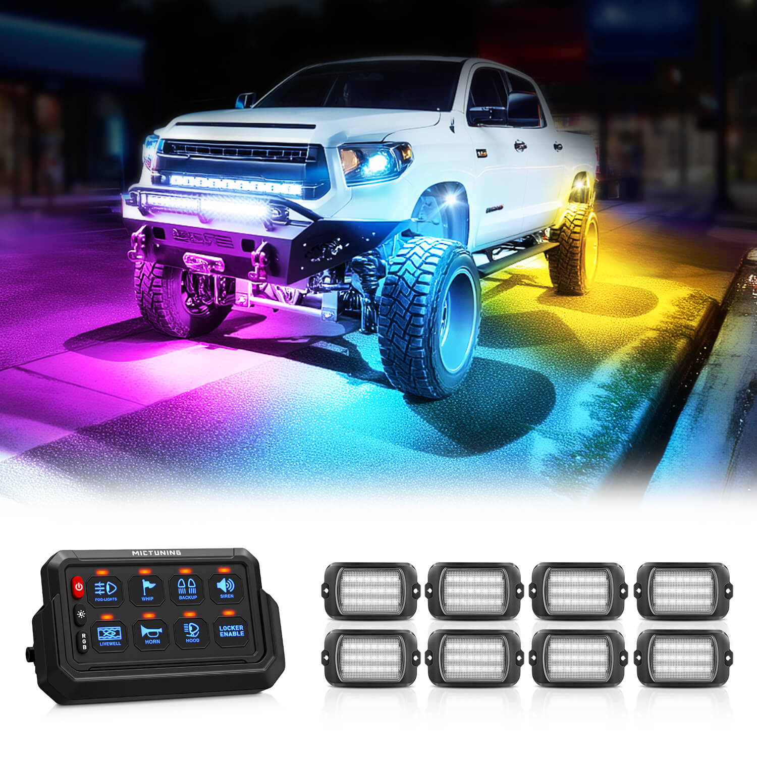 Q1 Max RGB+IC Rock Lights 8-24 Pods Bundle with P1s-AC Wireless 8/12 Gang RGB Switch Panel Removable Panel